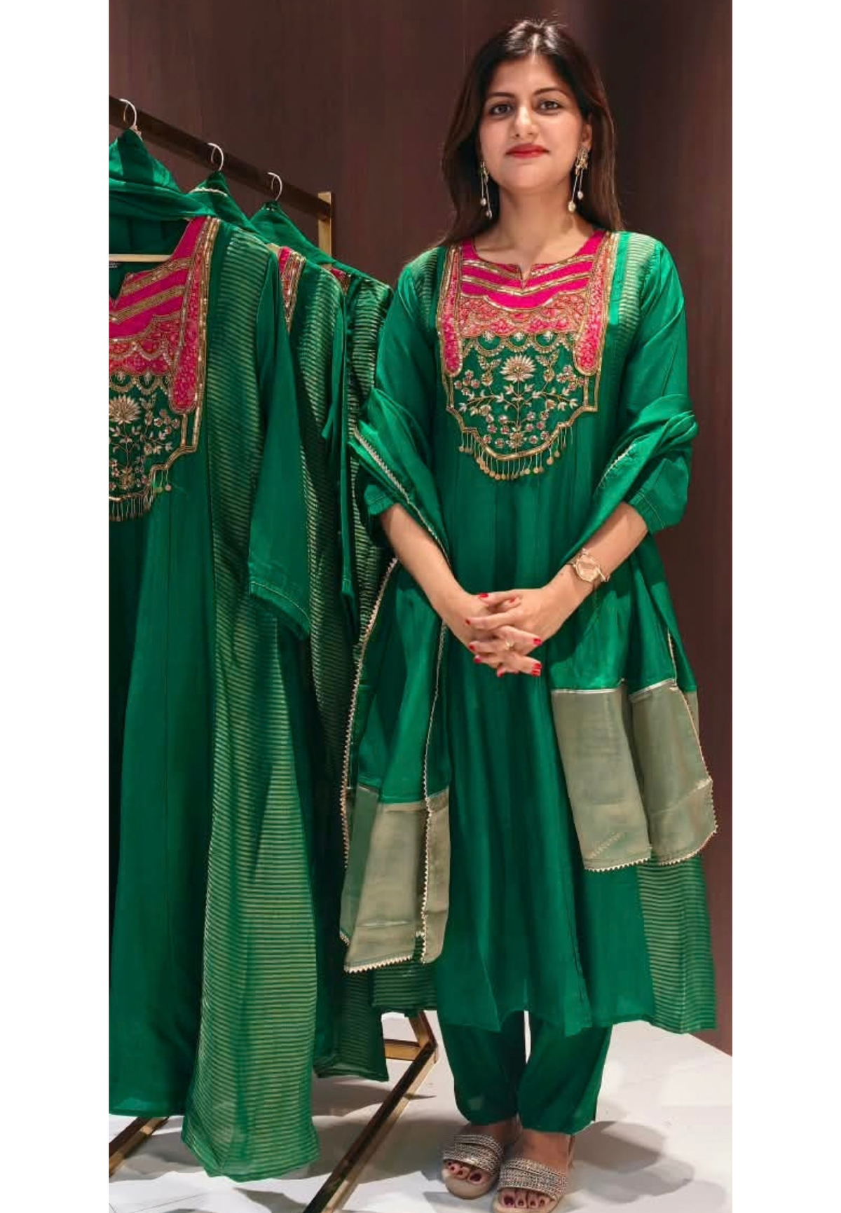 Royal Sequin Zardosi Embroidered Russian Silk Panel Anarkali Full Suit Set With Dupatta- 16484