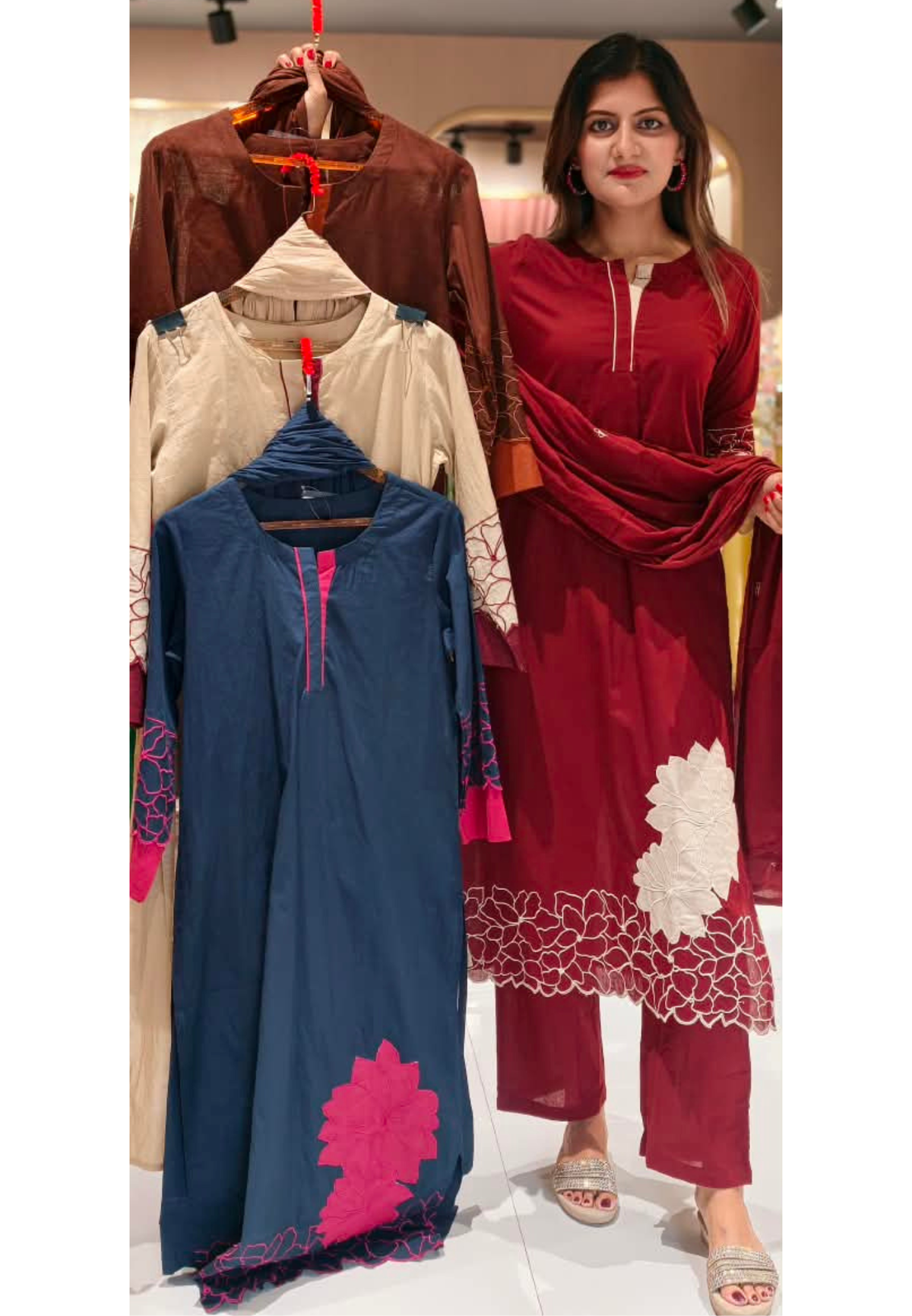 Giant Floral Patch Highlights Solid Shade Soft Cotton Full Suit Set With Dupatta- 16347