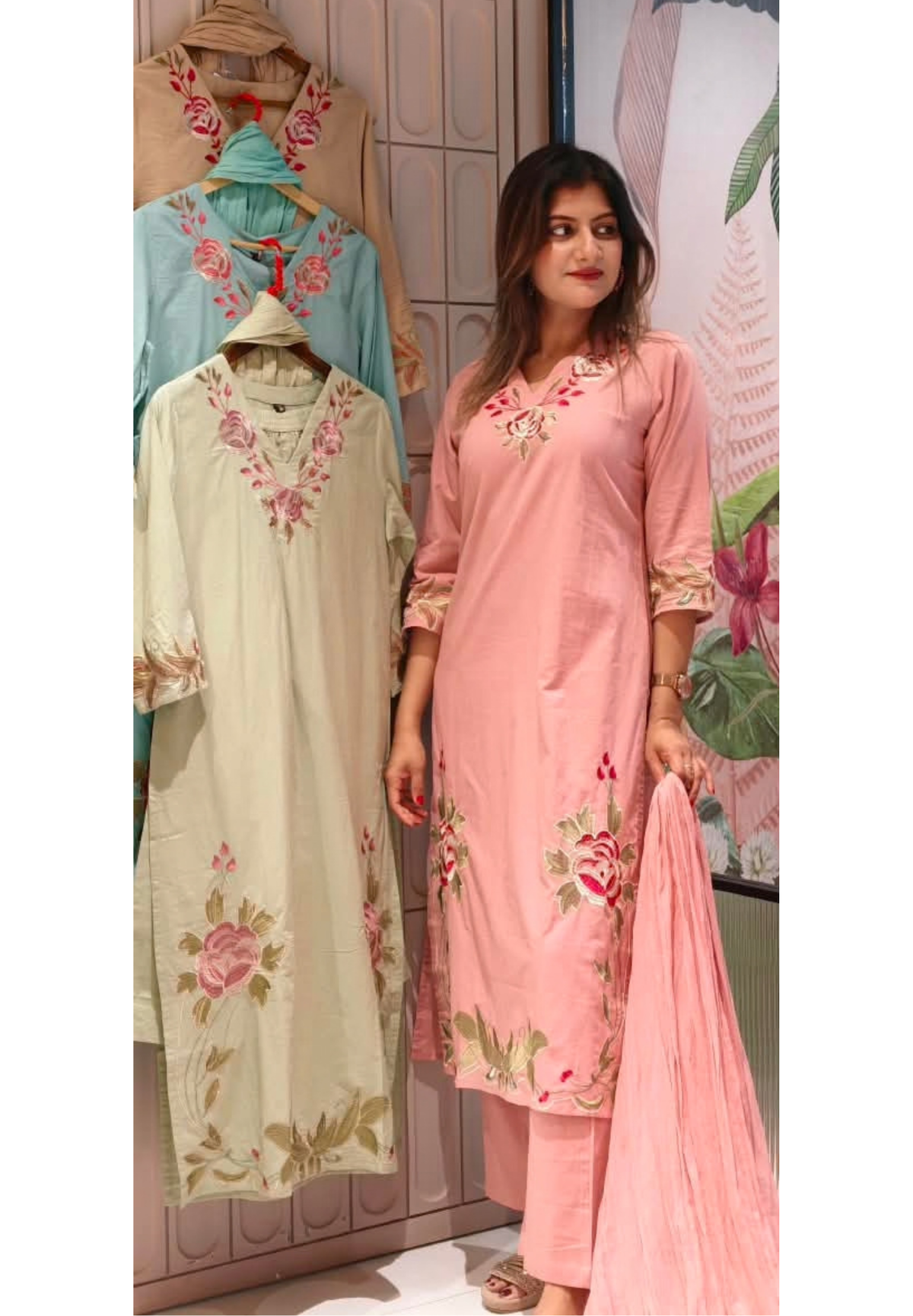 Rosy Leaf Vine Thread Embroidered Soft Cotton Formal Full Suit Set With Dupatta- 16343