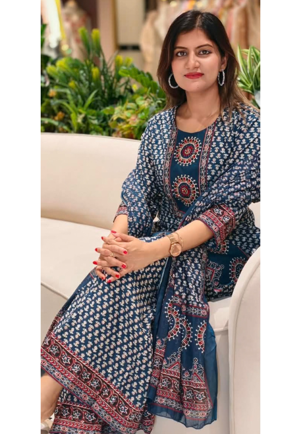 Tiny Floral Blocks Print Pure Cotton Full Suit Set With Panel Flared Palazzo Bottom & Matching Dupatta- 15931