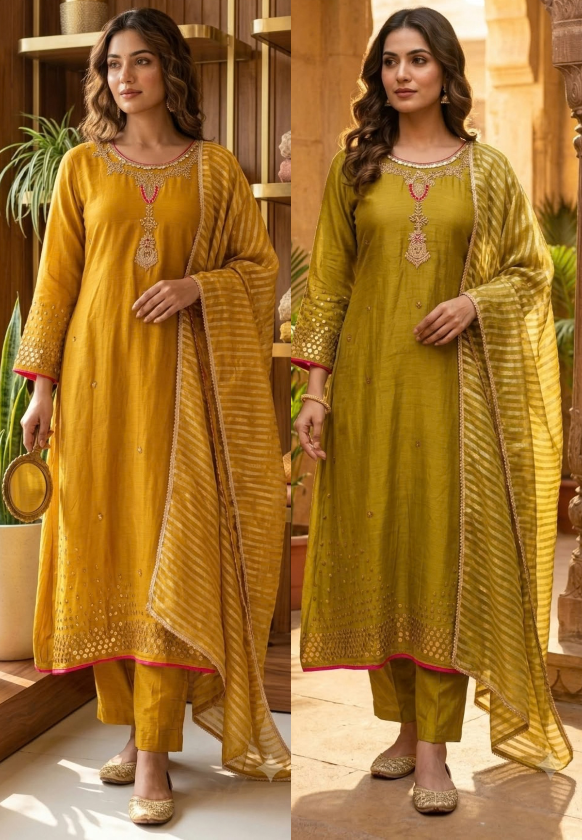 Pure Banarasi Mul-Chanderi Shiny Sequin Scattered Touch Beautiful Neckline A-Line Full Suit Set With Dupatta- 16331