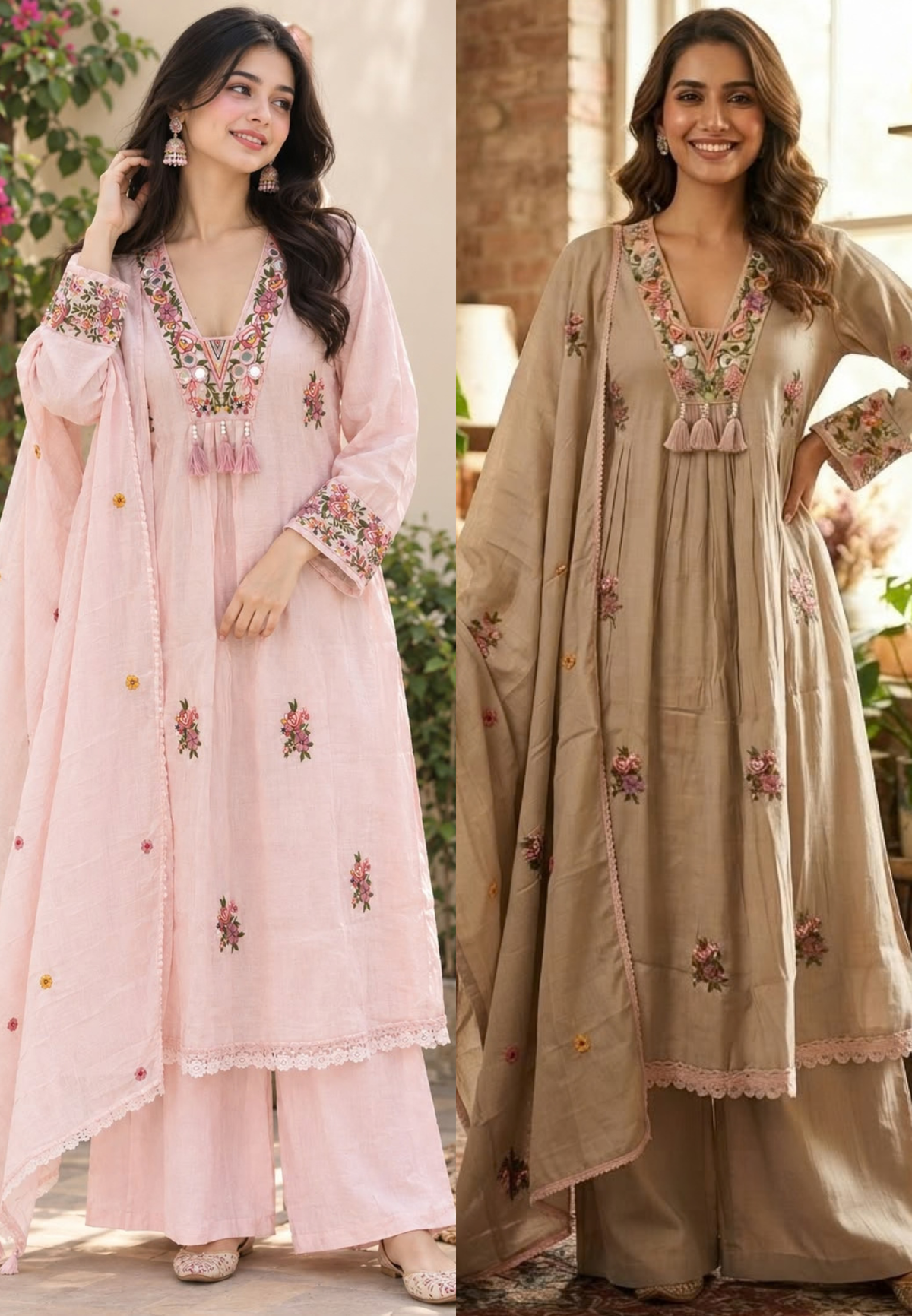 Floral Bouquet Chevron Embroidery Real Mirror Touch A-Line Surat Mul-Chanderi Full Suit Set With Dupatta- 15966