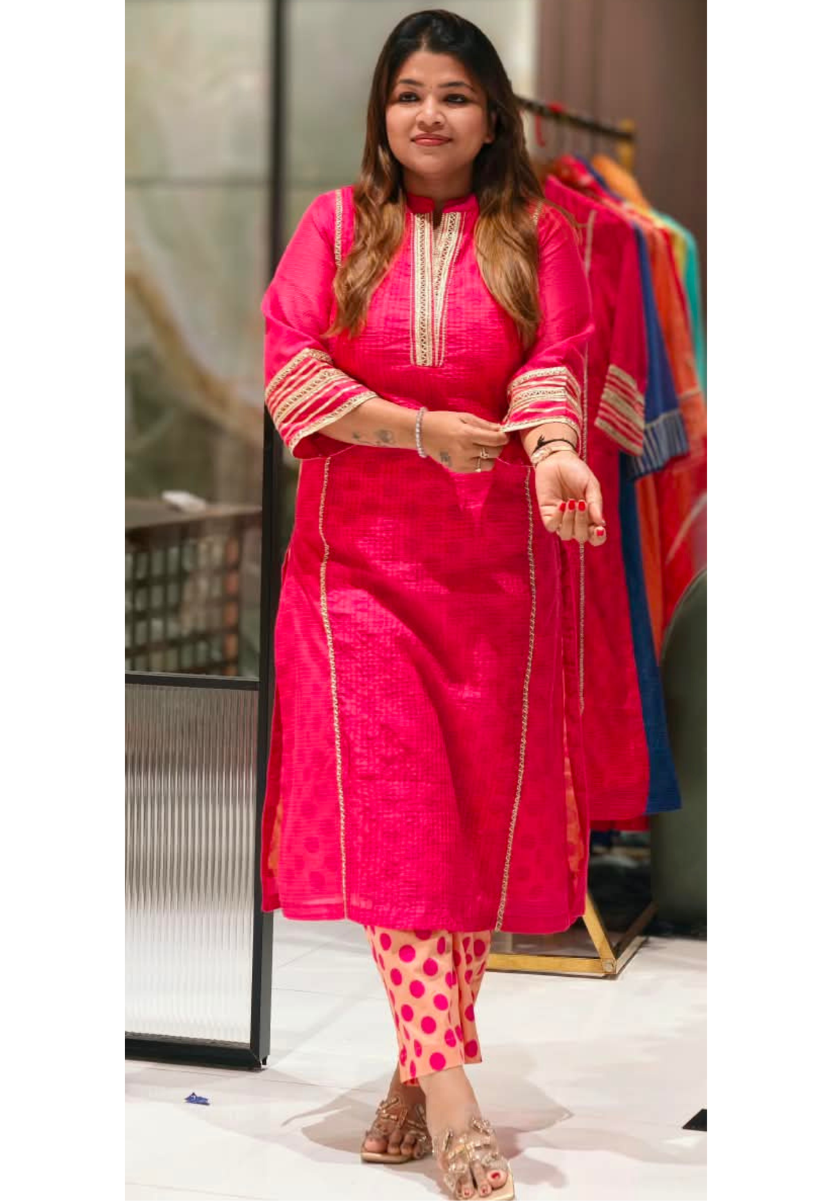 Crush Kota Doria Fuschia Glow Golden Lace Touch Kurta With Polka Dotted Cotton Pant- 16496