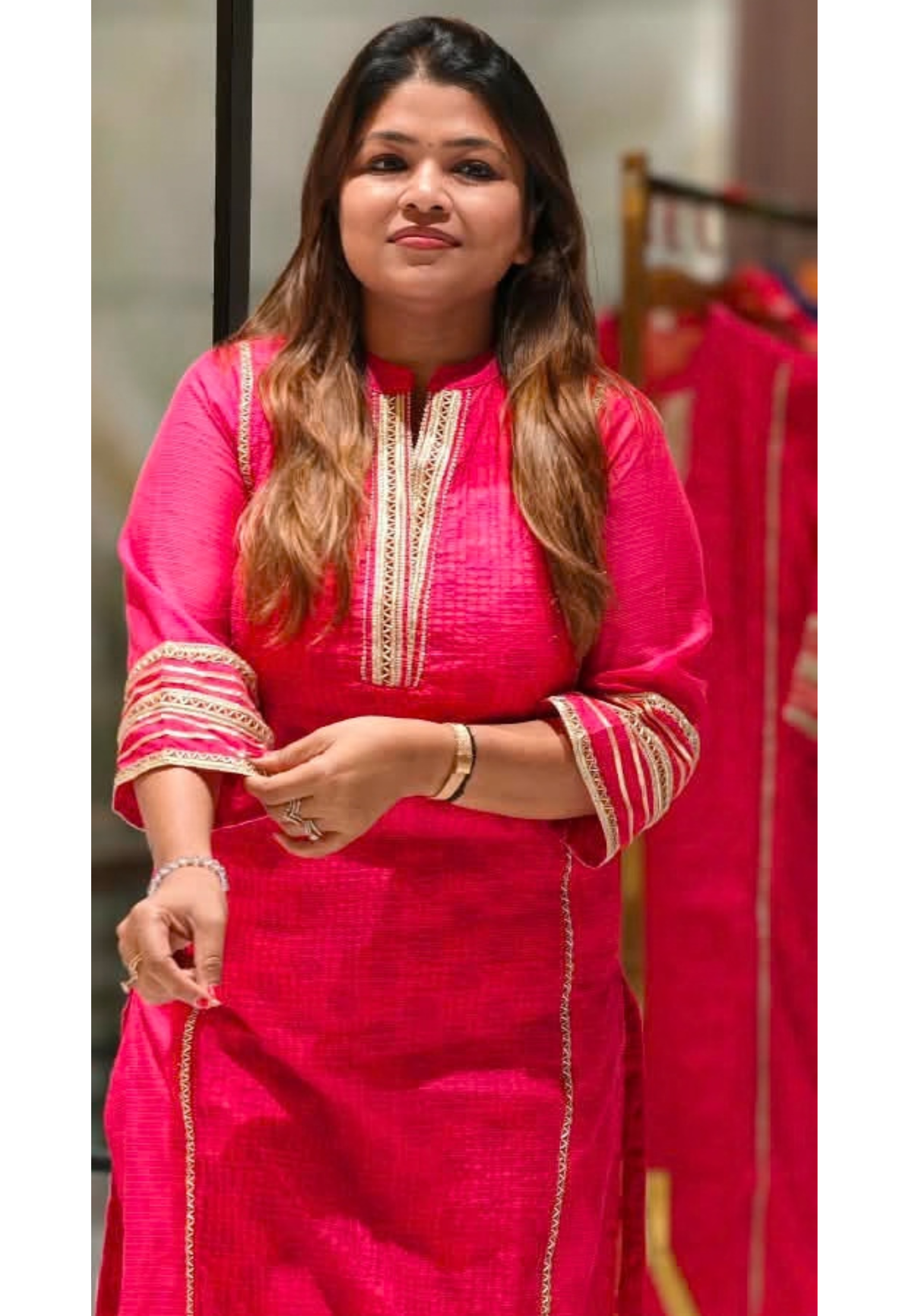 Crush Kota Doria Fuschia Glow Golden Lace Touch Kurta With Polka Dotted Cotton Pant- 16496