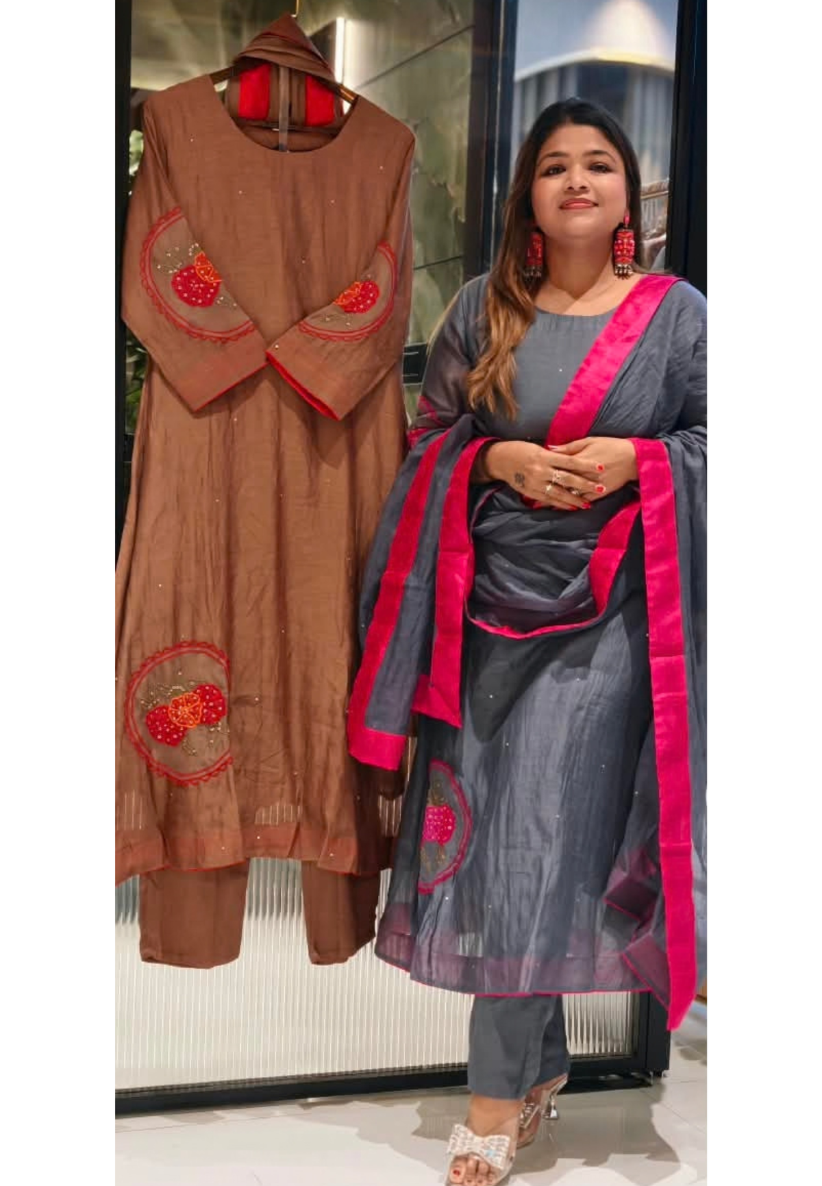 Strawberry Floral Patched Embroidery With Sequin Upwork A-Line Banarasi Mul-Chanderi Full Suit Set With Dupatta- 16530