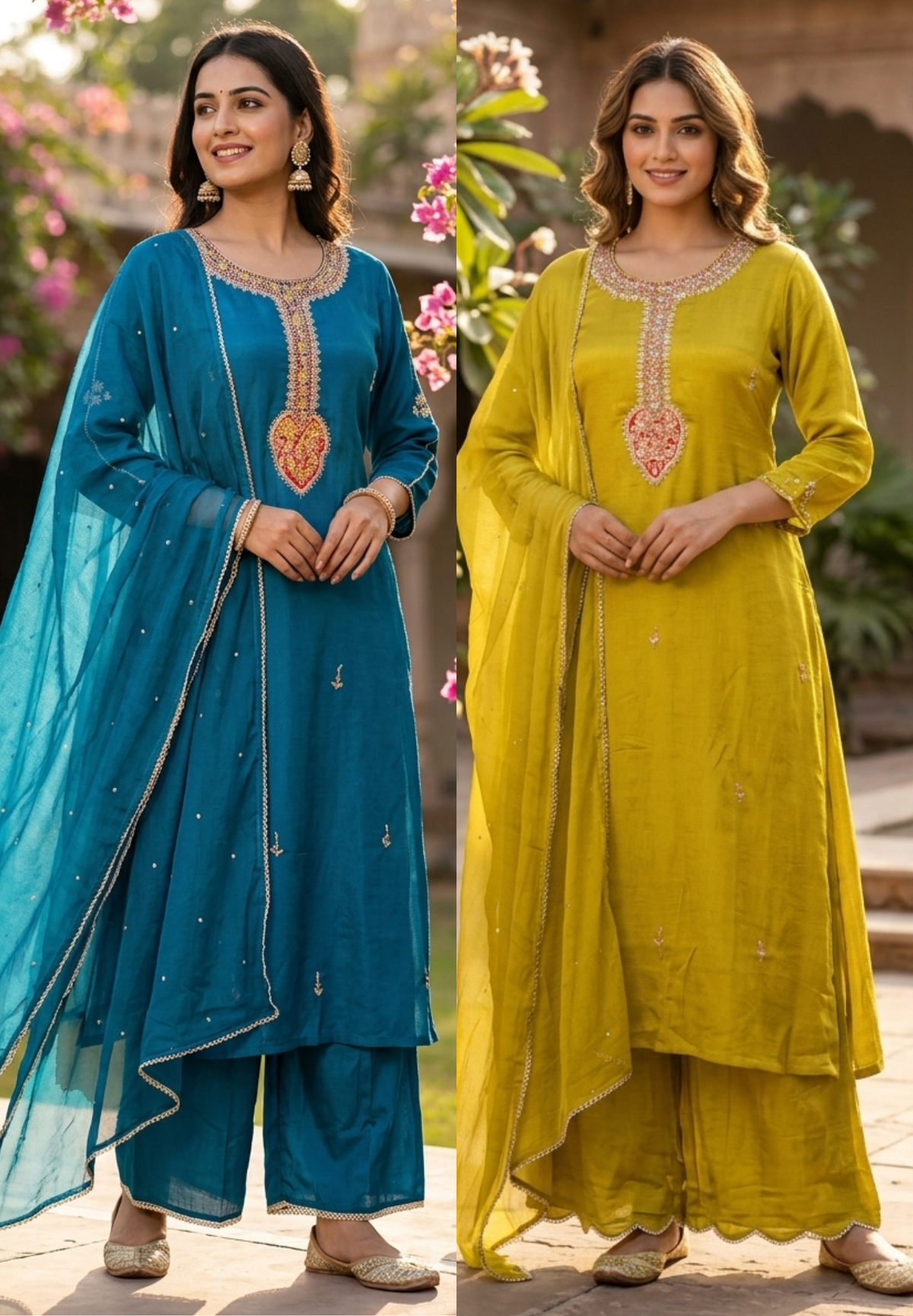 Candleian Intricate Neck Embroidery With Beaded Sleeve Chinon A-Line Matching Full Suit Set With Dupatta- 16528