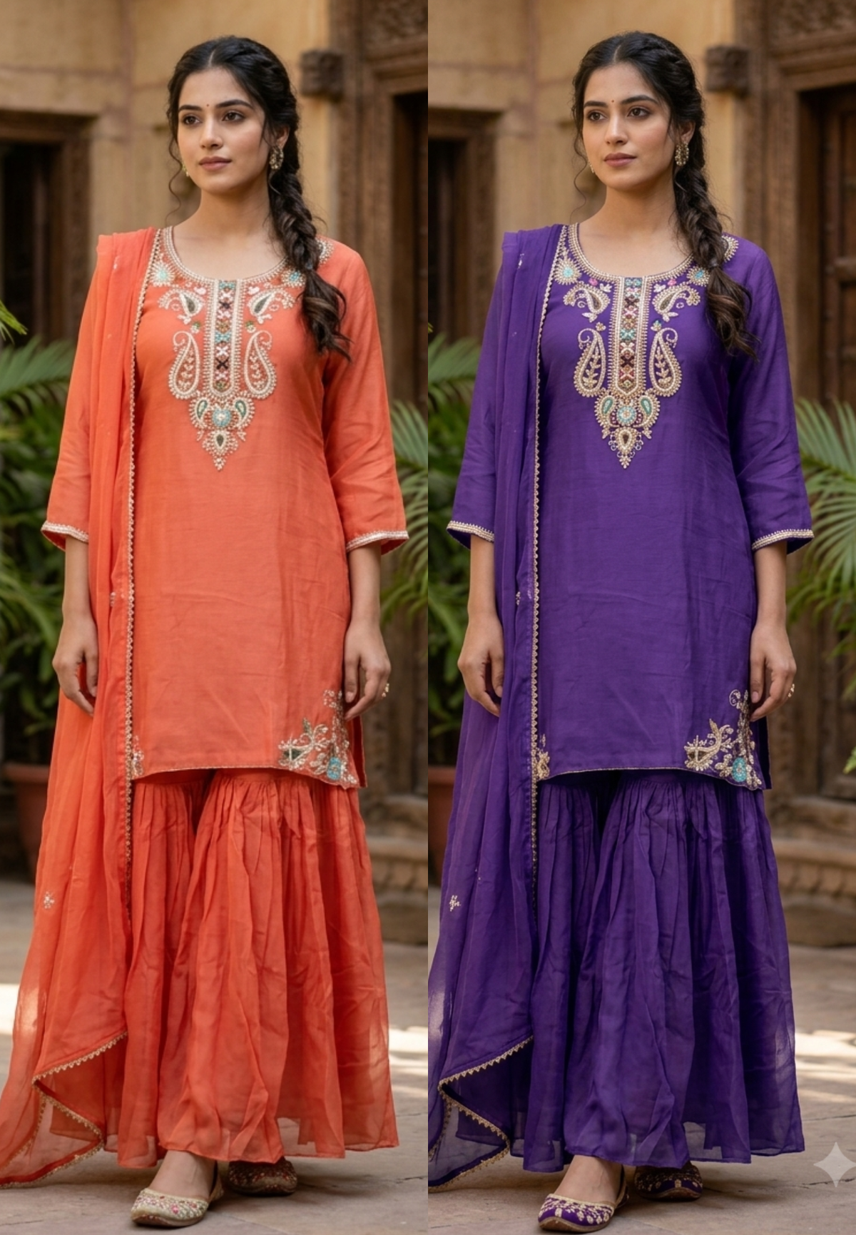 Zardozi Placket Structured Mango Buti Embroidery Work Full Suit Set With Dupatta & Sharara Bottom- 16525