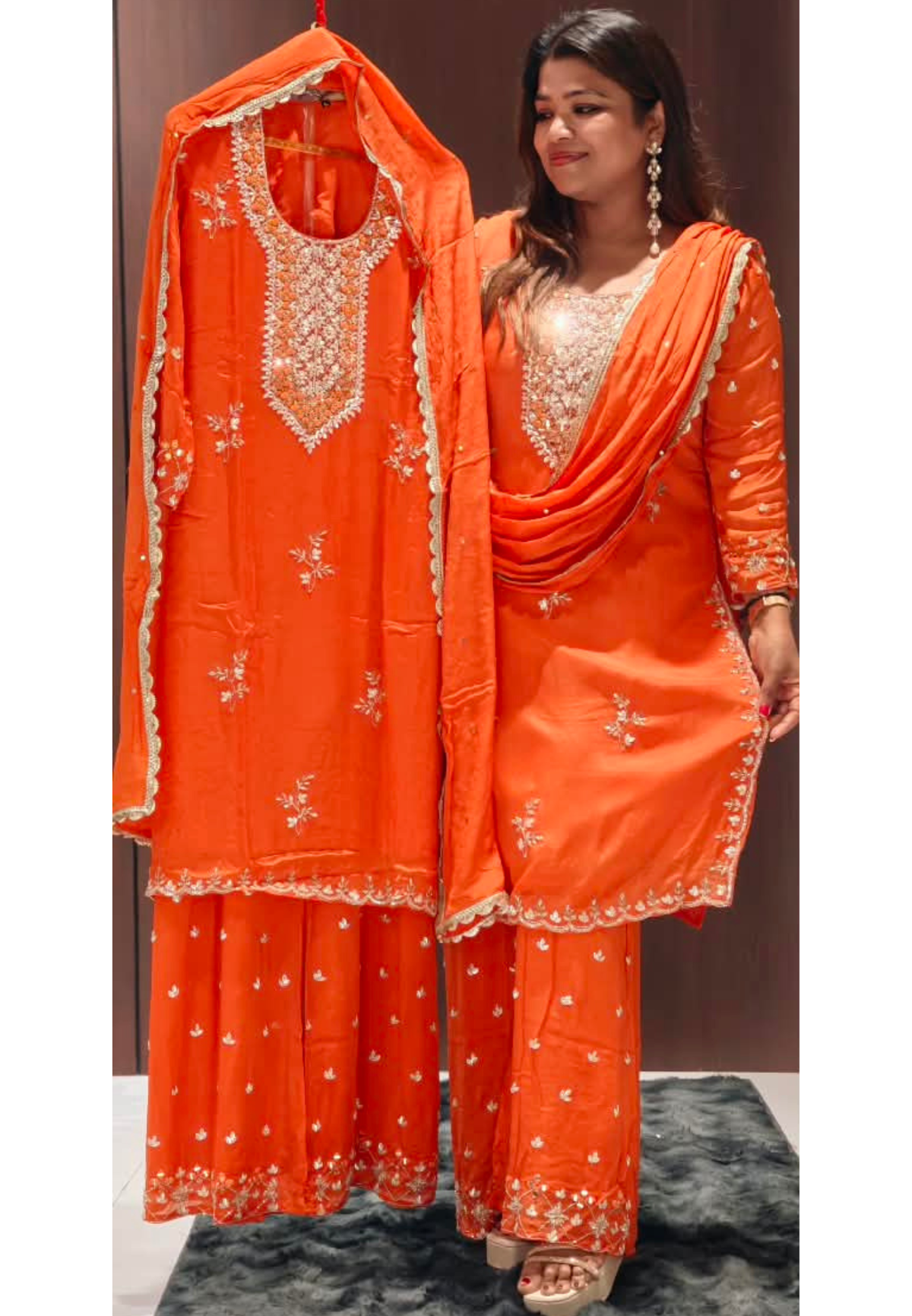 Heavy Sequin Embroidery Work Vibrant Blunt Orange Chinon Palazzo Full Suit Set With Dupatta- 16526