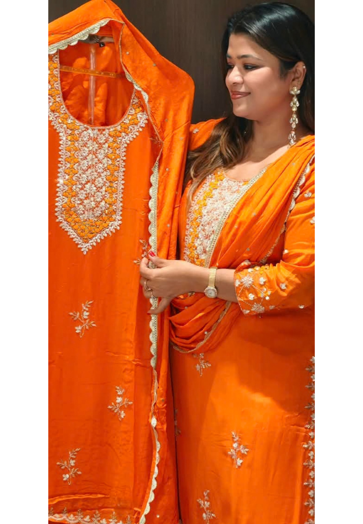 Heavy Sequin Embroidery Work Vibrant Blunt Orange Chinon Palazzo Full Suit Set With Dupatta- 16526