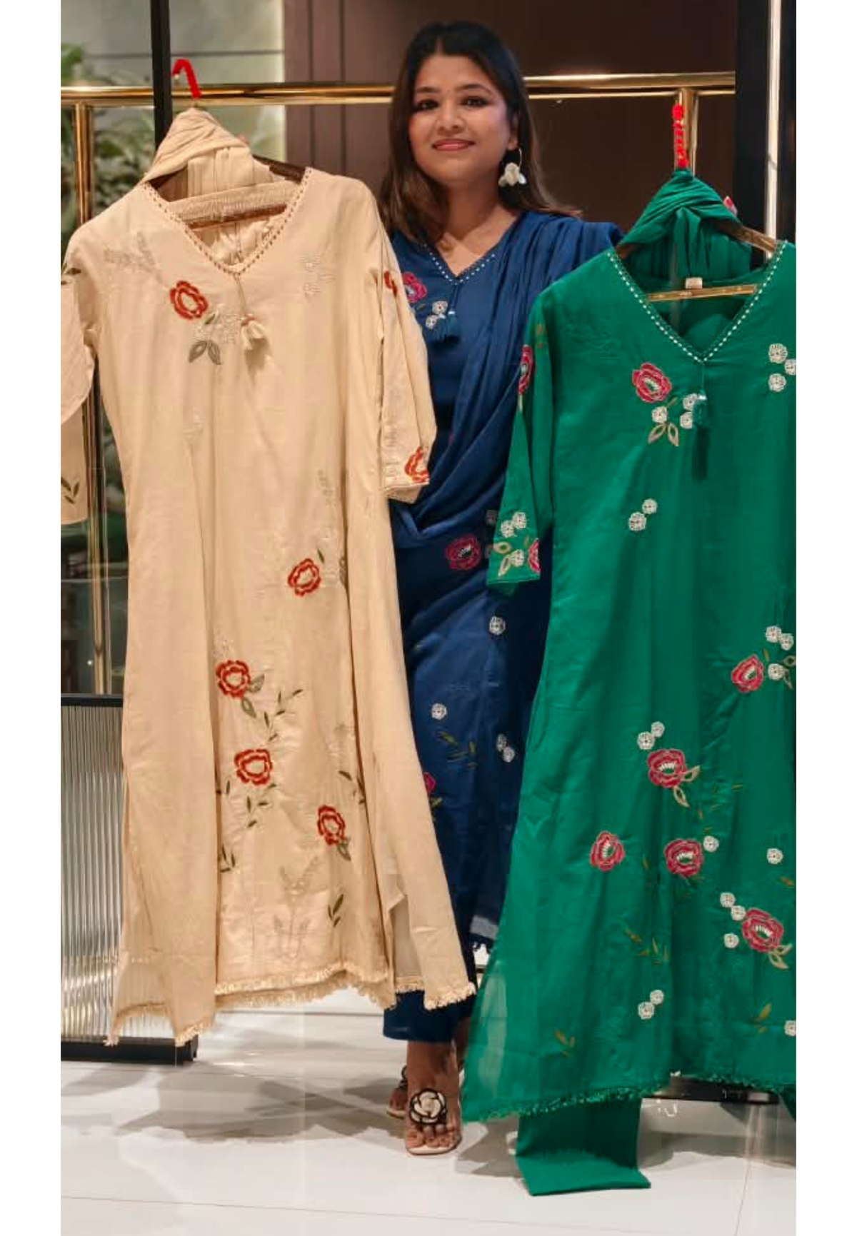 Floral Embroidery Side Slitted V-Neck Full Suit Set with Tassel Detailing & Matching Dupatta- 16522