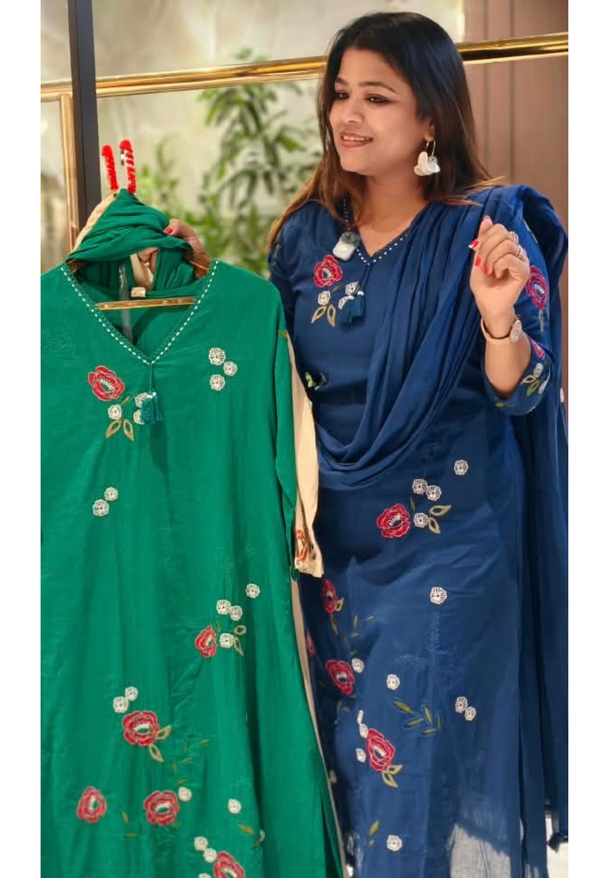 Floral Embroidery Side Slitted V-Neck Full Suit Set with Tassel Detailing & Matching Dupatta- 16522