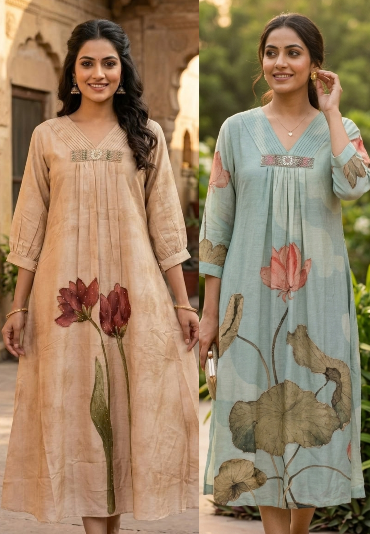 Pleated Neckline Delicate Shimmer Embroidery Digital Floral Print Pure Linen Frock- 16473, 16477