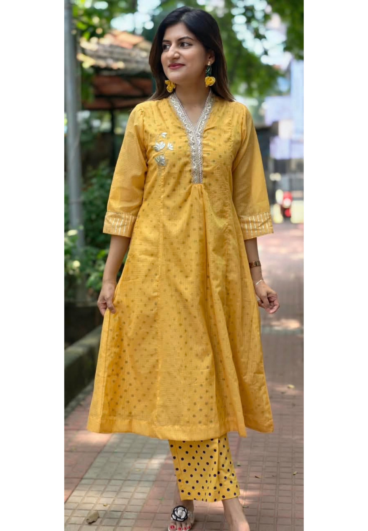 Golden Embossed Lace Detailing Kota Doria Polka Dotted A-Line Kurta Pant Set- 16534