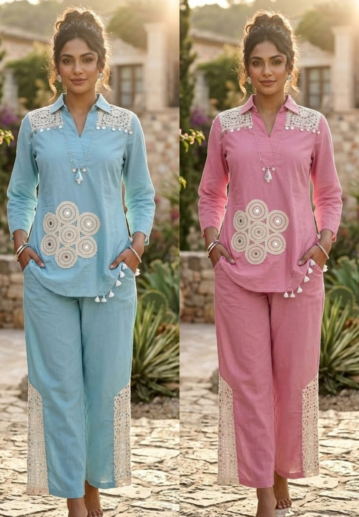 Crochet Lace Trimmed Coin Tassel Accent Cotton Boho Style Co-Ord Set- 16533