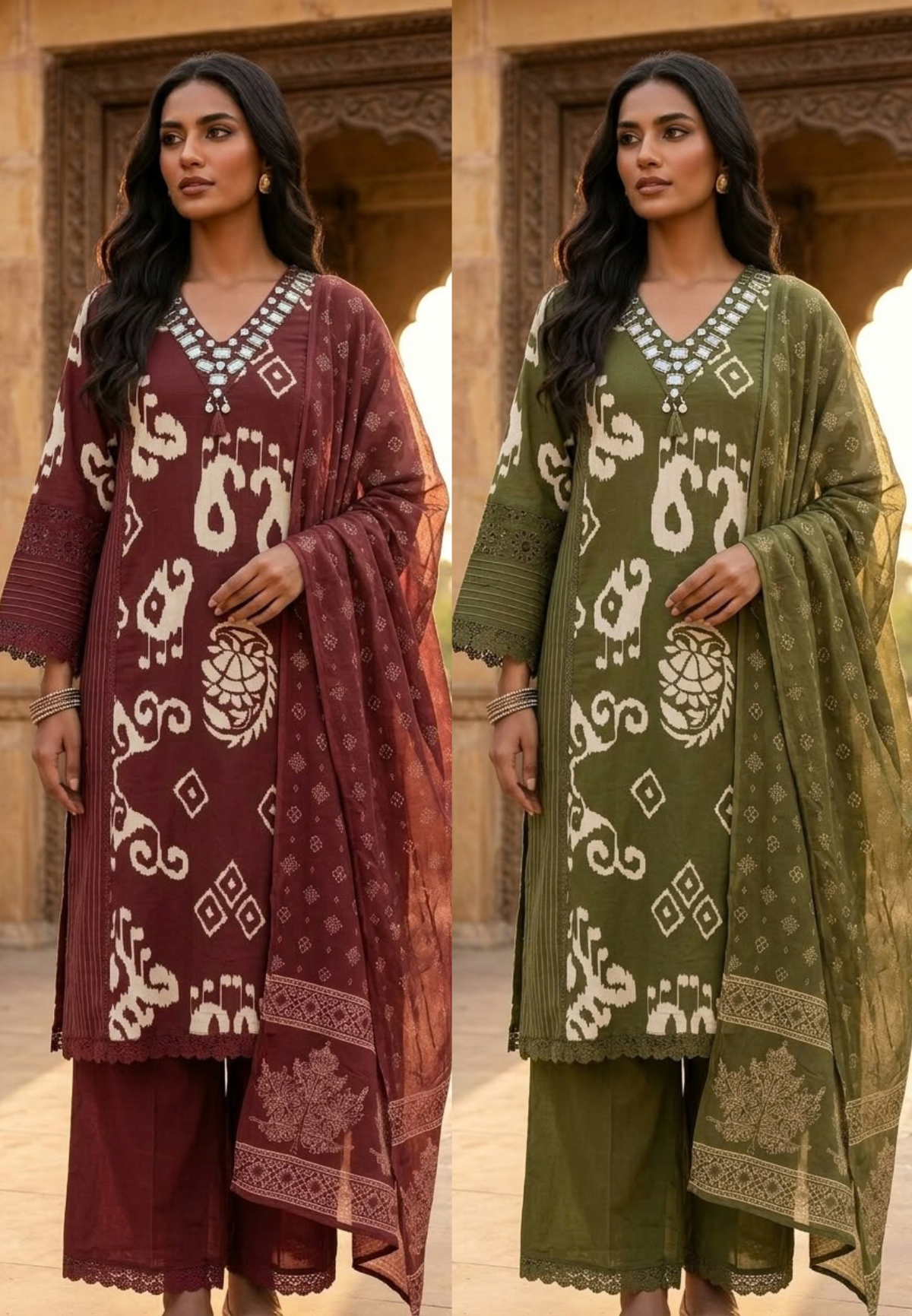 Ikkat Mango Buti Print Real Mirror Crosia Lace Borders Cotton Full Suit Set With Dupatta- 16532