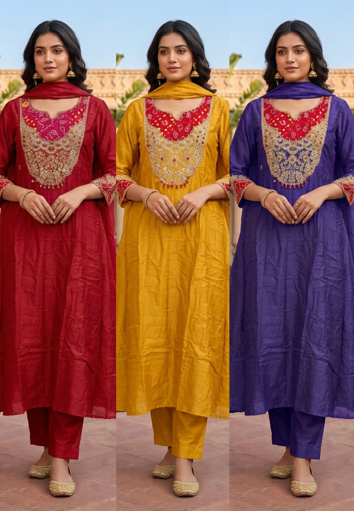 Russian Silk Bandhej Patch With Heavy Embroidery Work Panel Anarkali Full Suit Set With Dupatta-16566