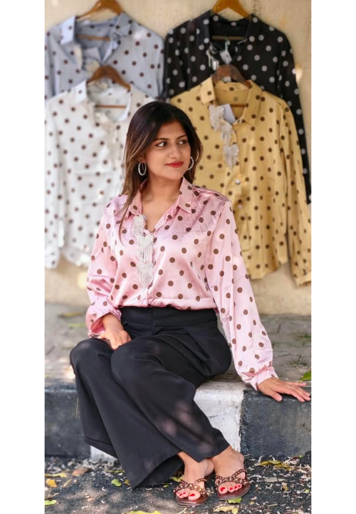Heart Shaped Syroski Stone Batch Hang Retro Polka Dotted Imported Shirt- 16181