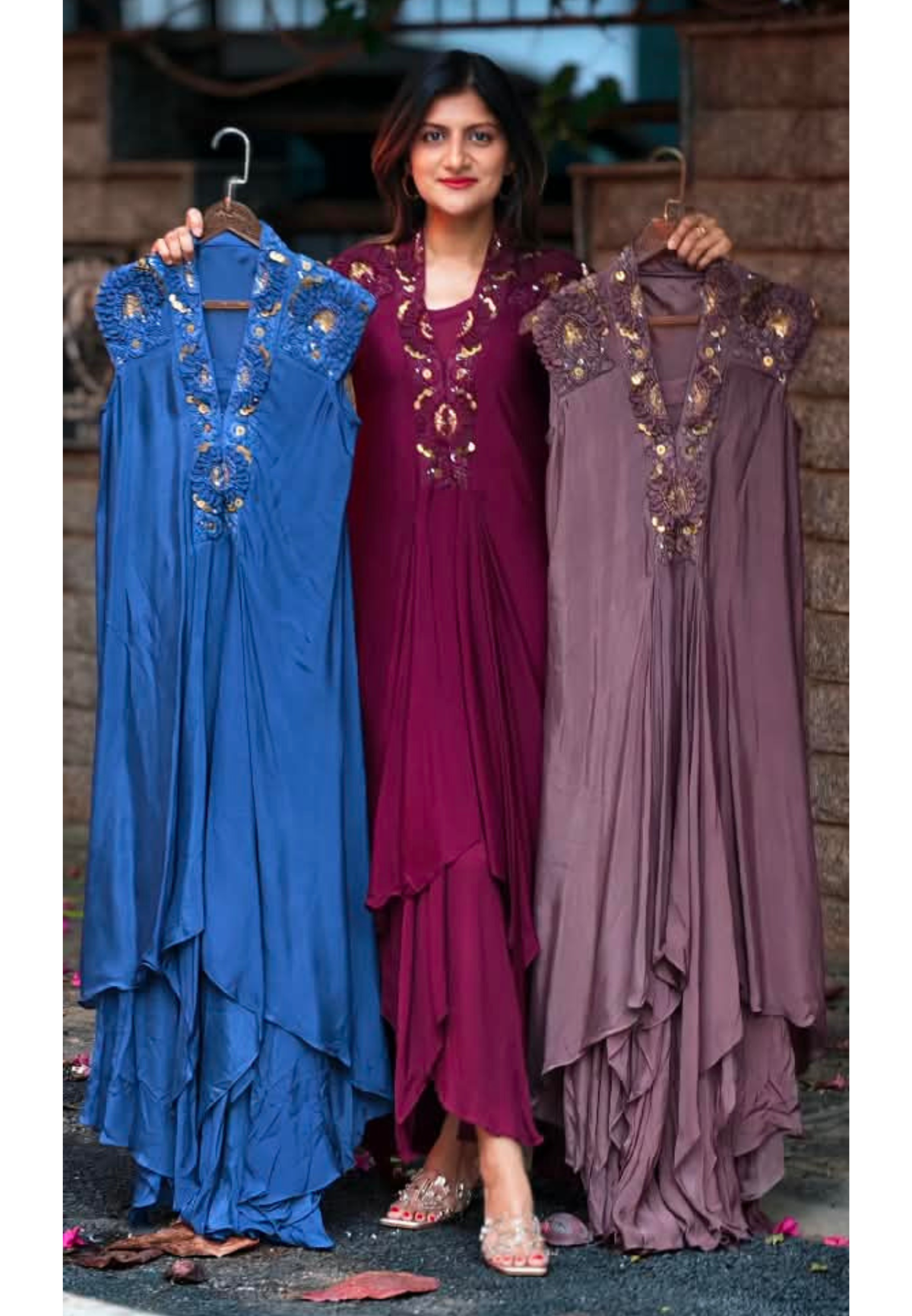 Floral Popped Sequin With Beaded Work Over Shoudler & Neckline Solid Chinon Indo Wear With Inner- 16538
