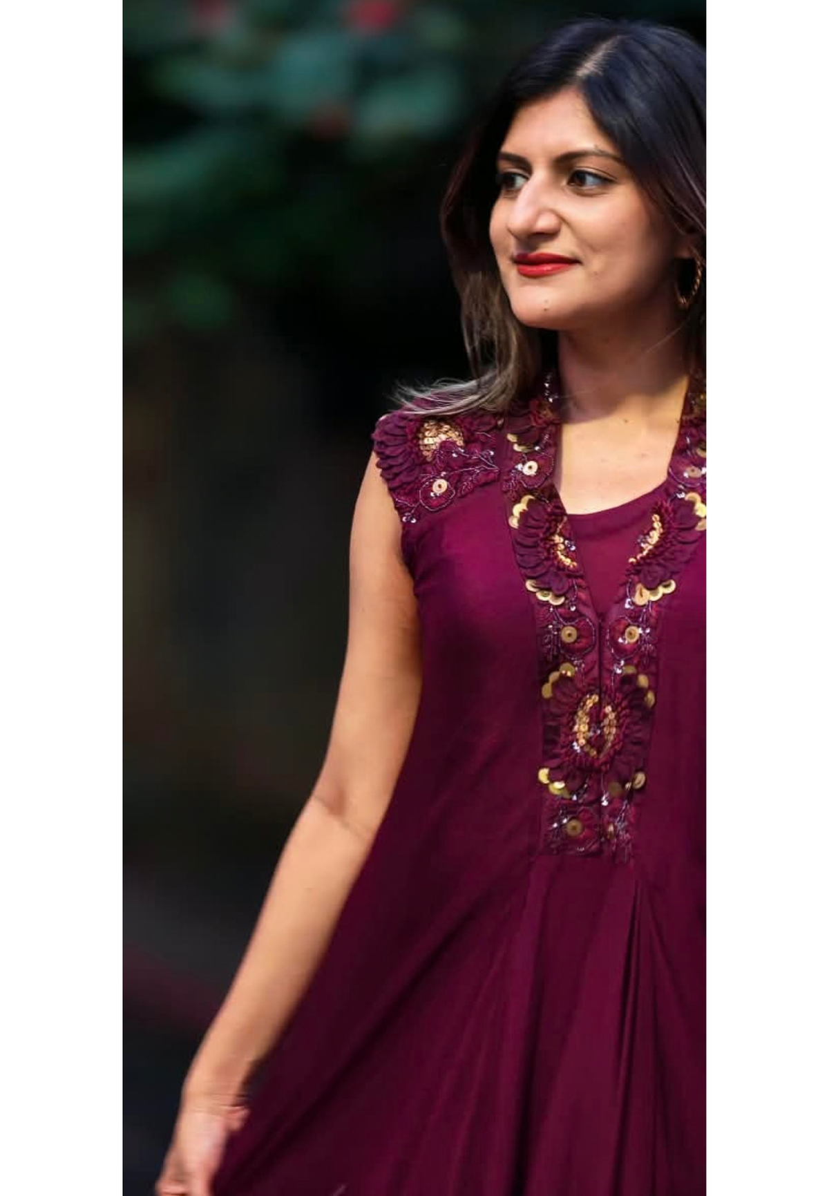 Floral Popped Sequin With Beaded Work Over Shoudler & Neckline Solid Chinon Indo Wear With Inner- 16538
