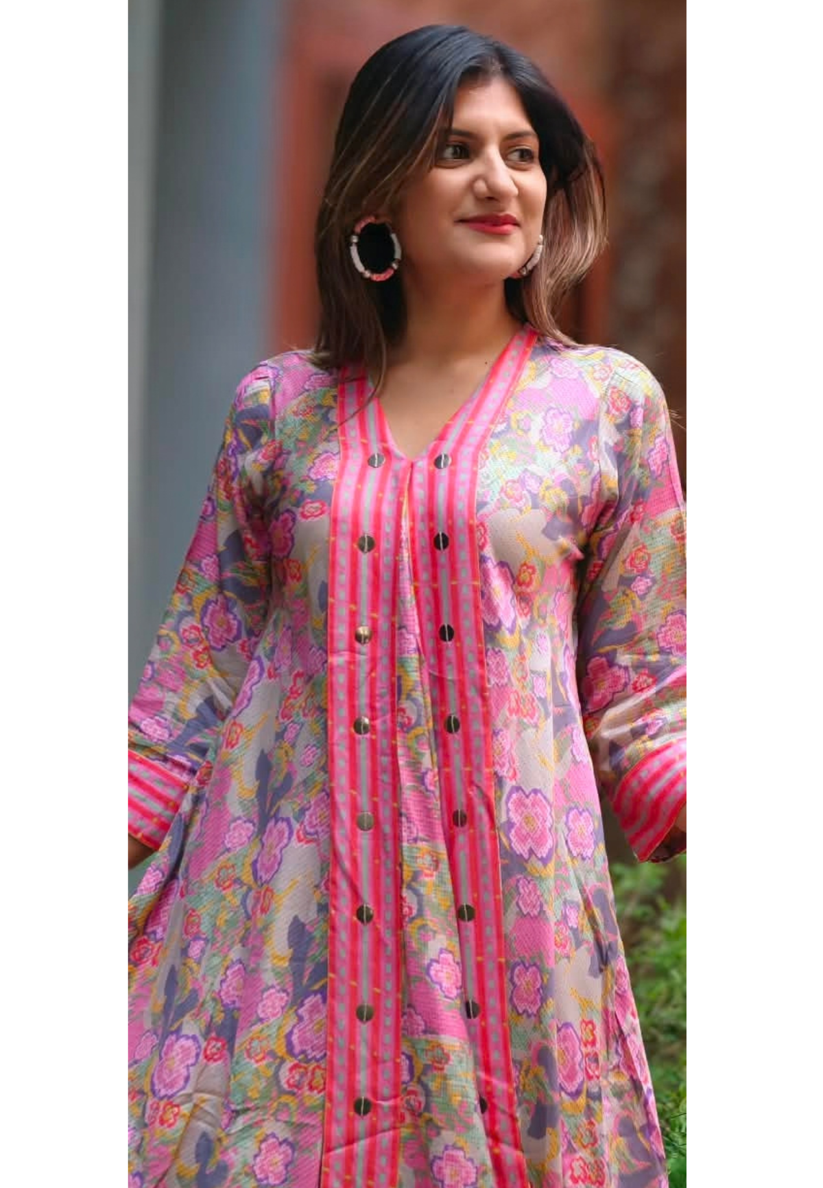 Cheerful Floral Blossom Flap Style Flared Multicolor Kurta With Matching Loose Bottom- 16573