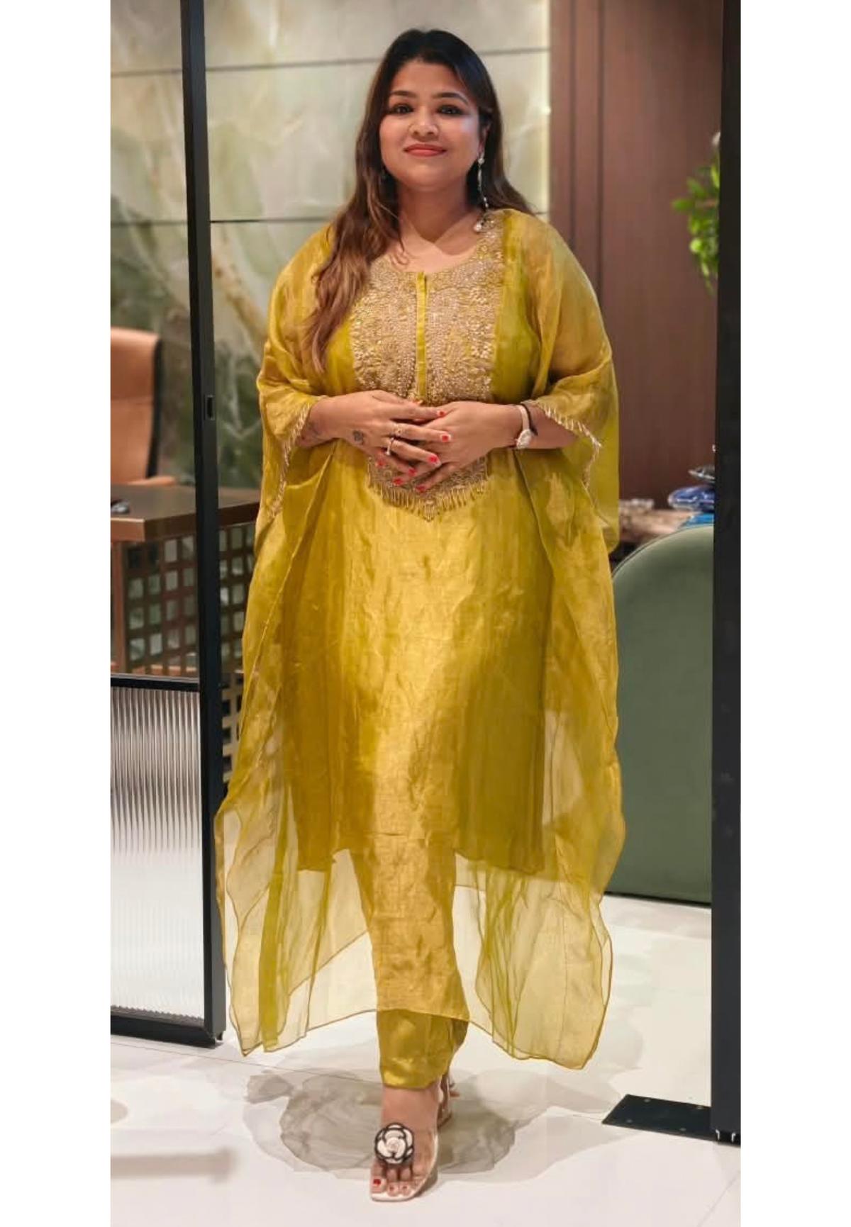Pure Tissue Butter Shine Dabka Hand Embroidery Yoke Kaftan With Matching Bottom- 16621