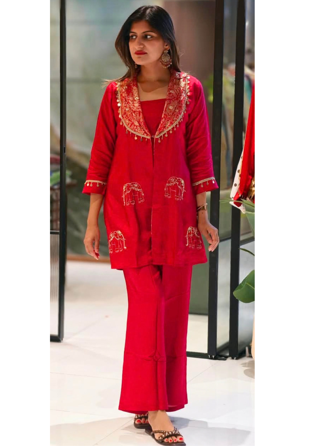Brocade Flap Coin Tassels Collar With Intricate Elephant Embroidery Bright Co-Ord Set- 16601