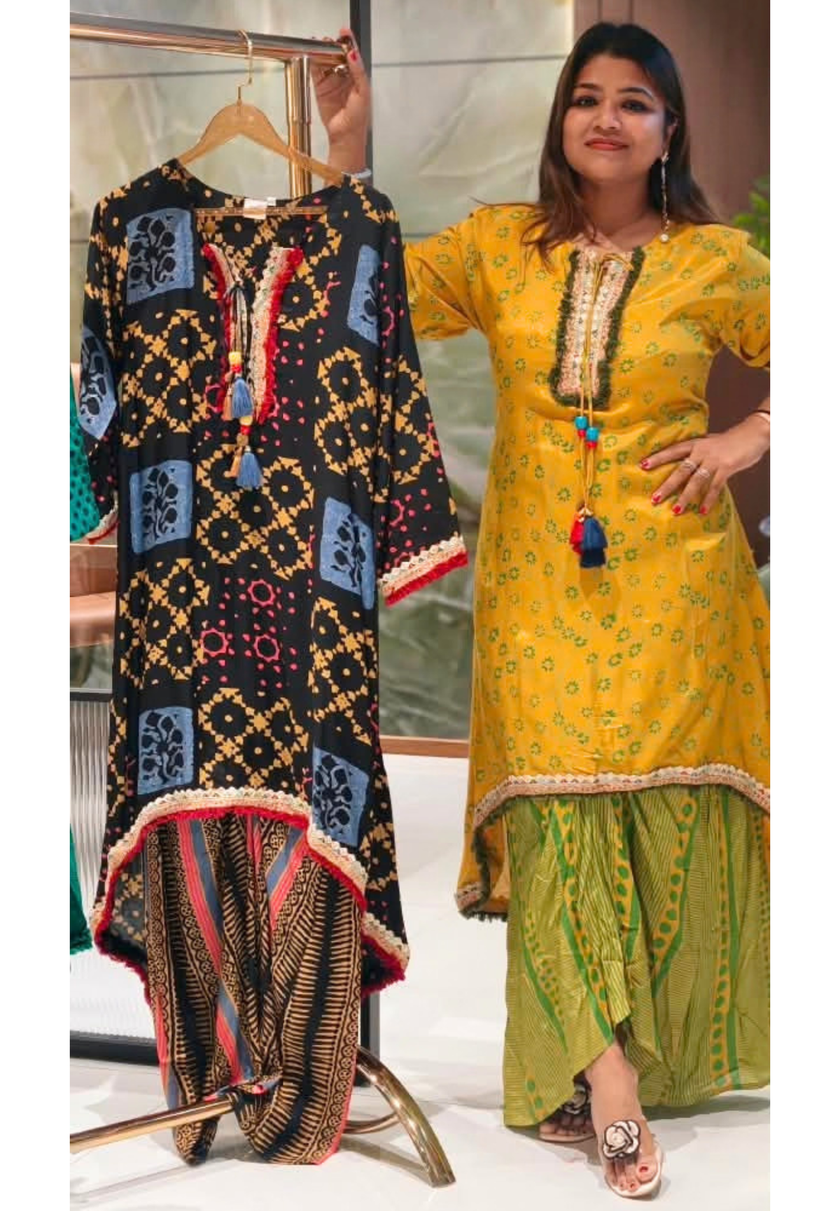 Festive Shimmer Lace Detailing Printed High-Low Tassels Kurta With Abstract Printed Loose Bottom-16579, 16578 (Loose Fit)