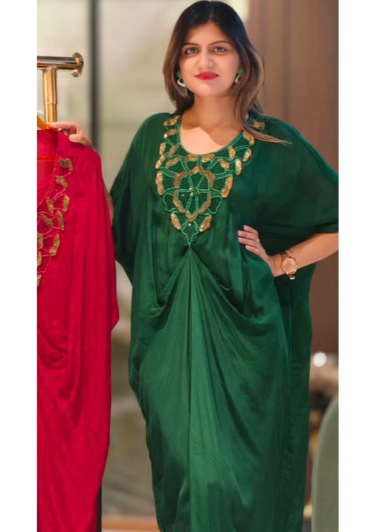Elegant Kaftan Style Indo-Dress with Gold Hand-Embellished Neckline & Cinch Detailing- 16539