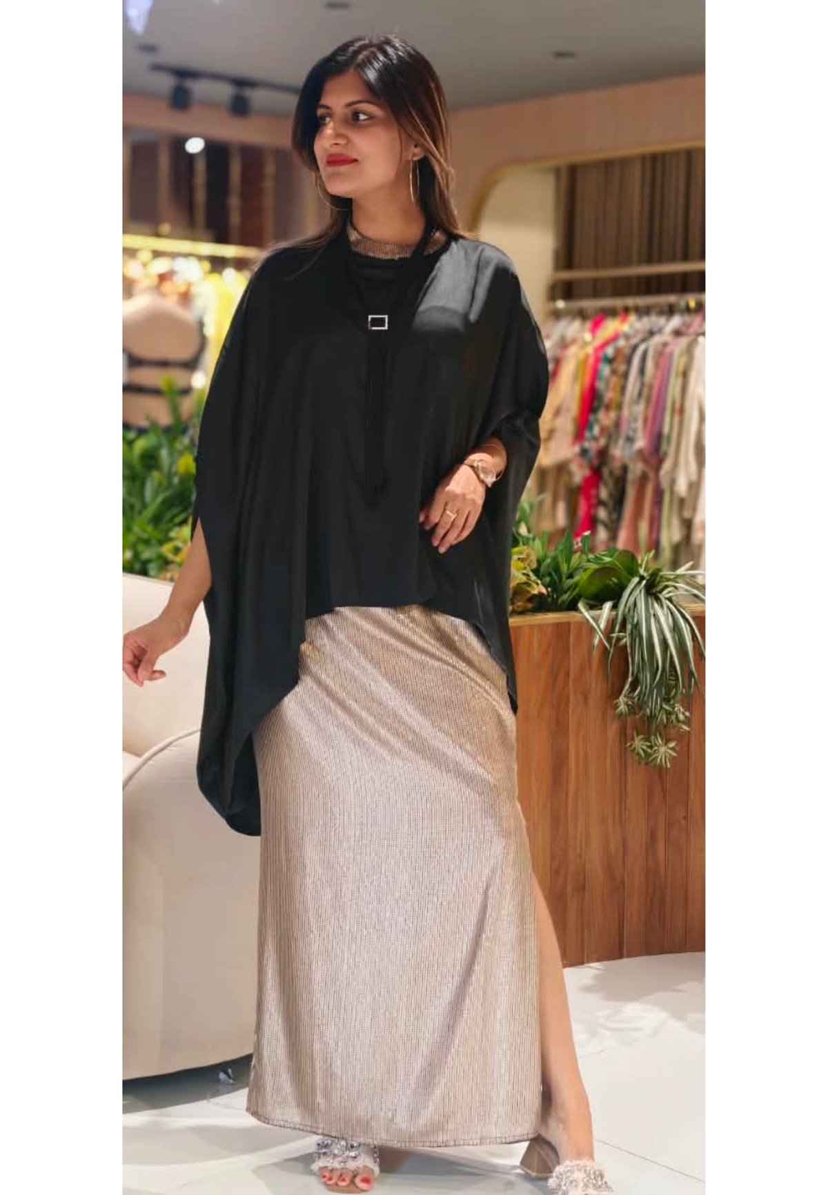 Mid-Night Glam High-Low Upper With Glittery Straight Fit Skirt & Beaded Stylish Neckpiece- 16256