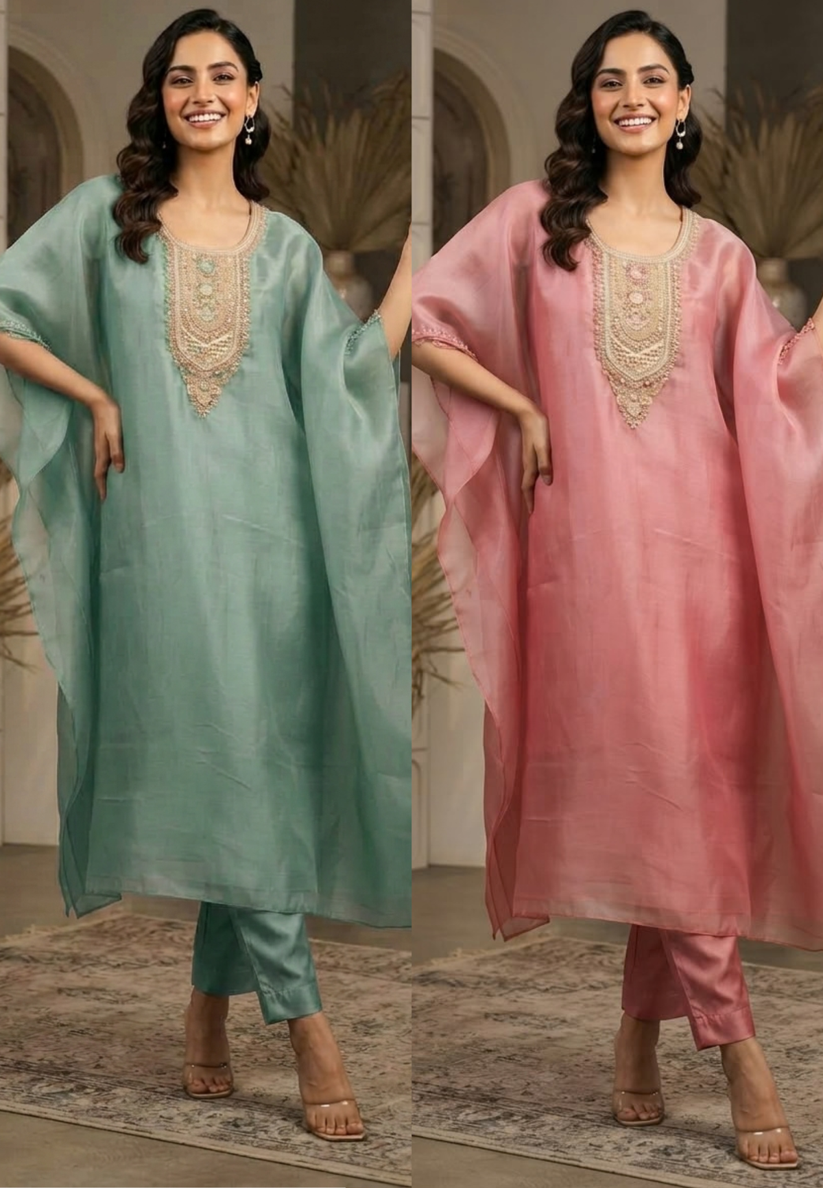 Pure Tissue Butter Shine Dabka Hand Embroidery Yoke Kaftan With Matching Bottom- 16621