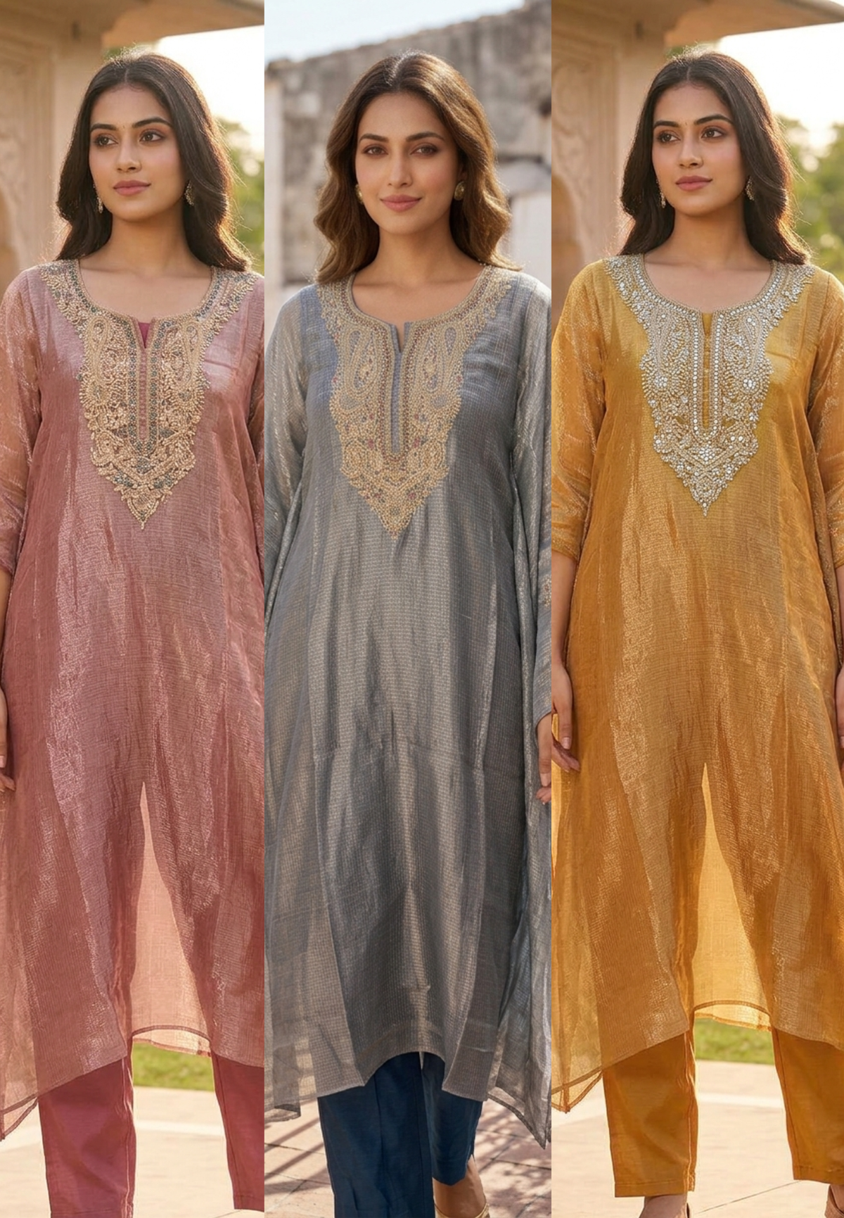 Delicate Floral Teardrop Intricate Hand Embroidery Pure Tissue Checks Touch Kaftan With Matching Bottom- 16634