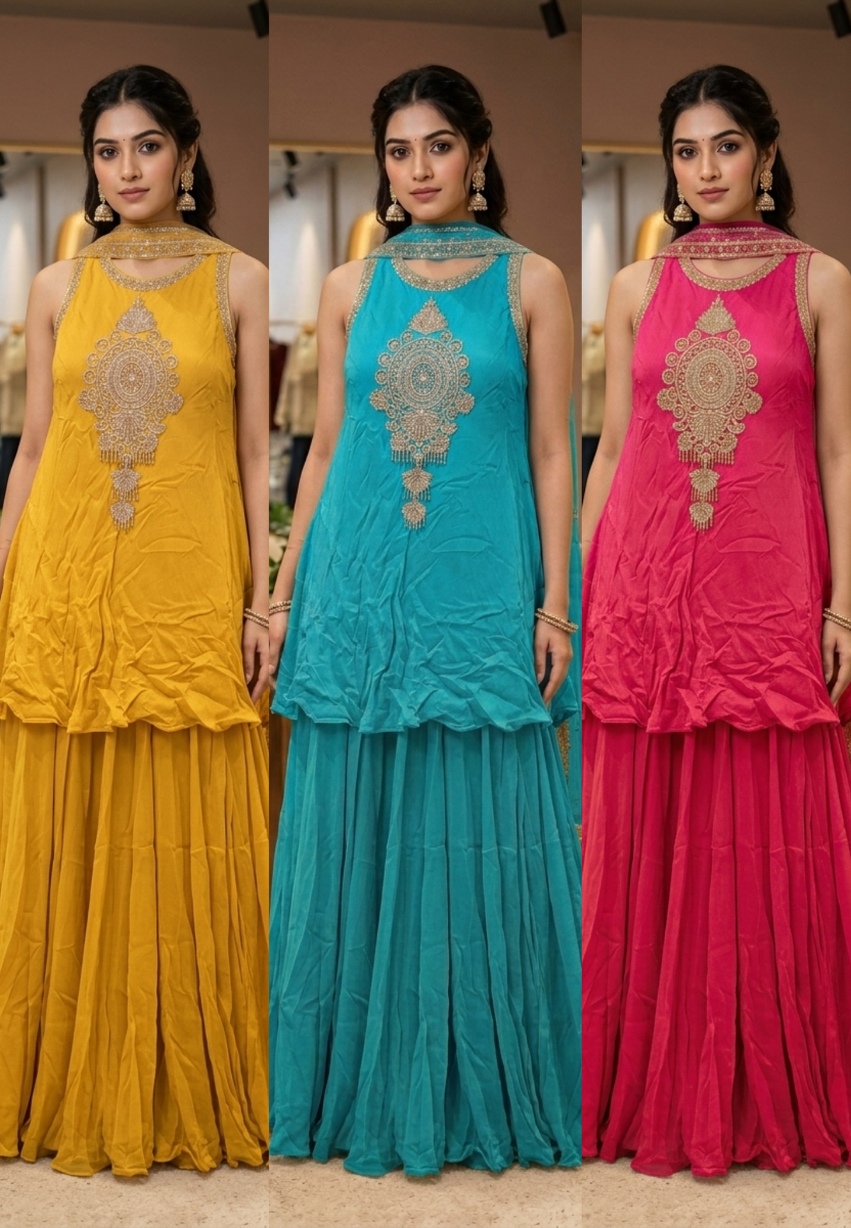 Fine Metallic Thread Embroidery Central Medallion Motif Sleeveless Chinon Indo-Wear Kurta With Matching Flared Bottom & Chowker Dupatta- 16635
