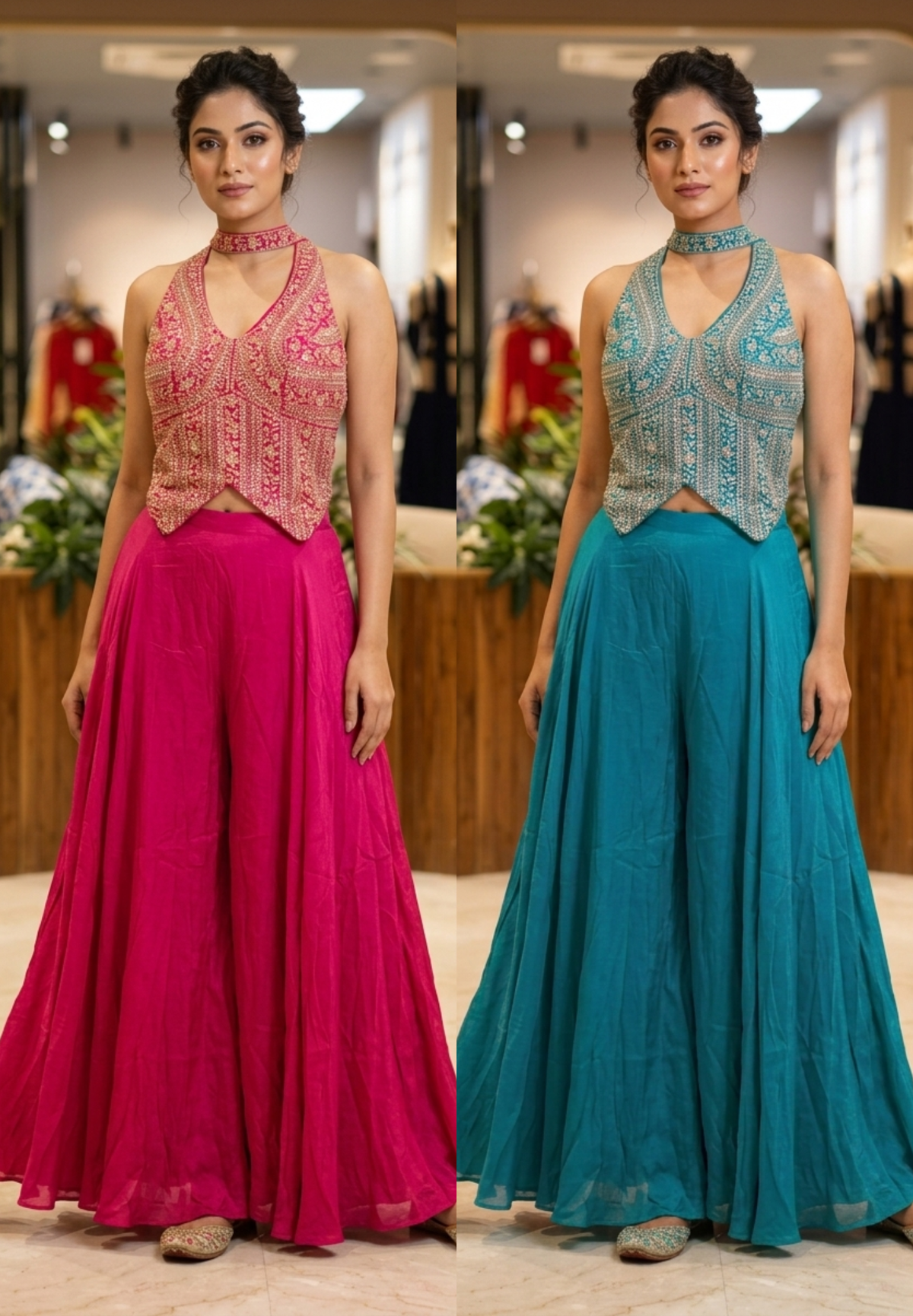 Sequin & Cut-Dana Handwork Encrusted Halter Neck Crop Top with Flowy Chinon Flared Palazzo Bottom & Chowker Dupatta- 16622