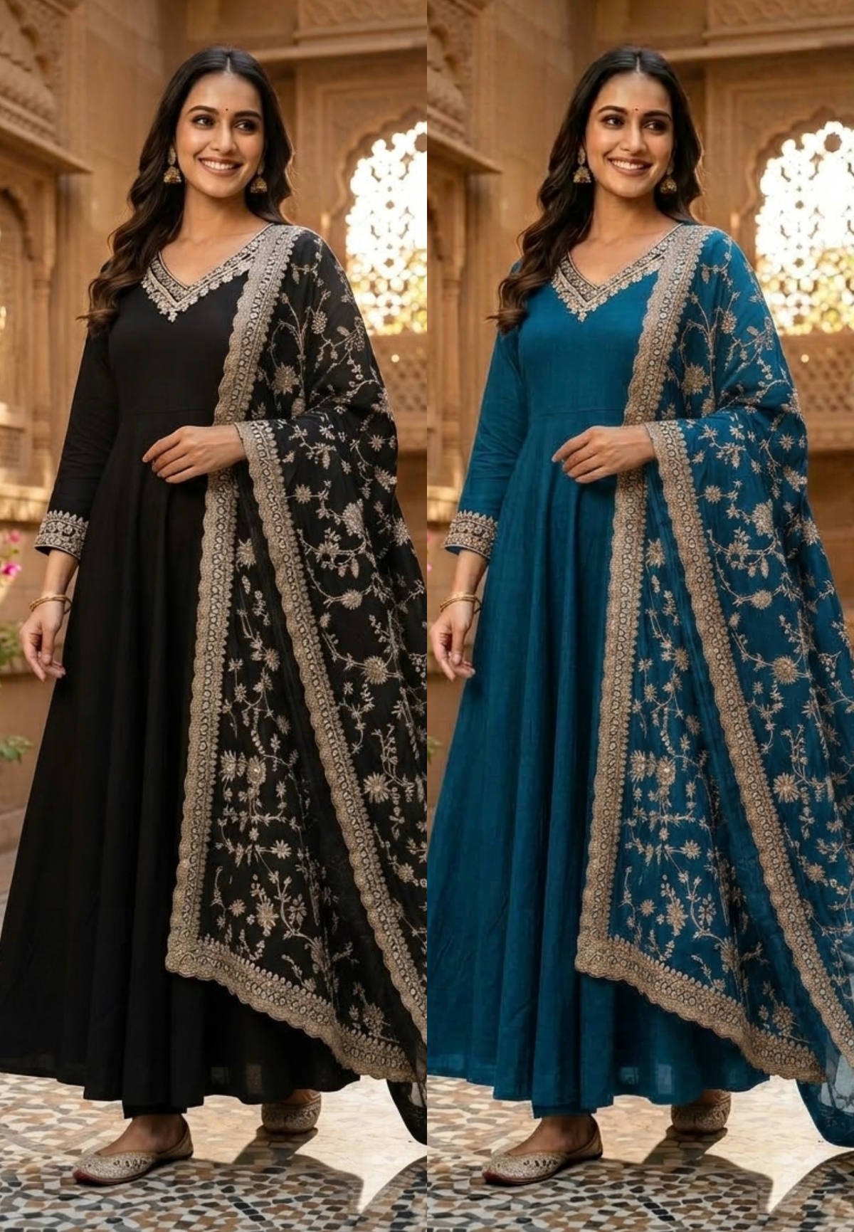 Premium Chinon Floral Sequin Scalloped Bordered Heavy Flared Anarkali Suit With Matching Dupatta- 16623