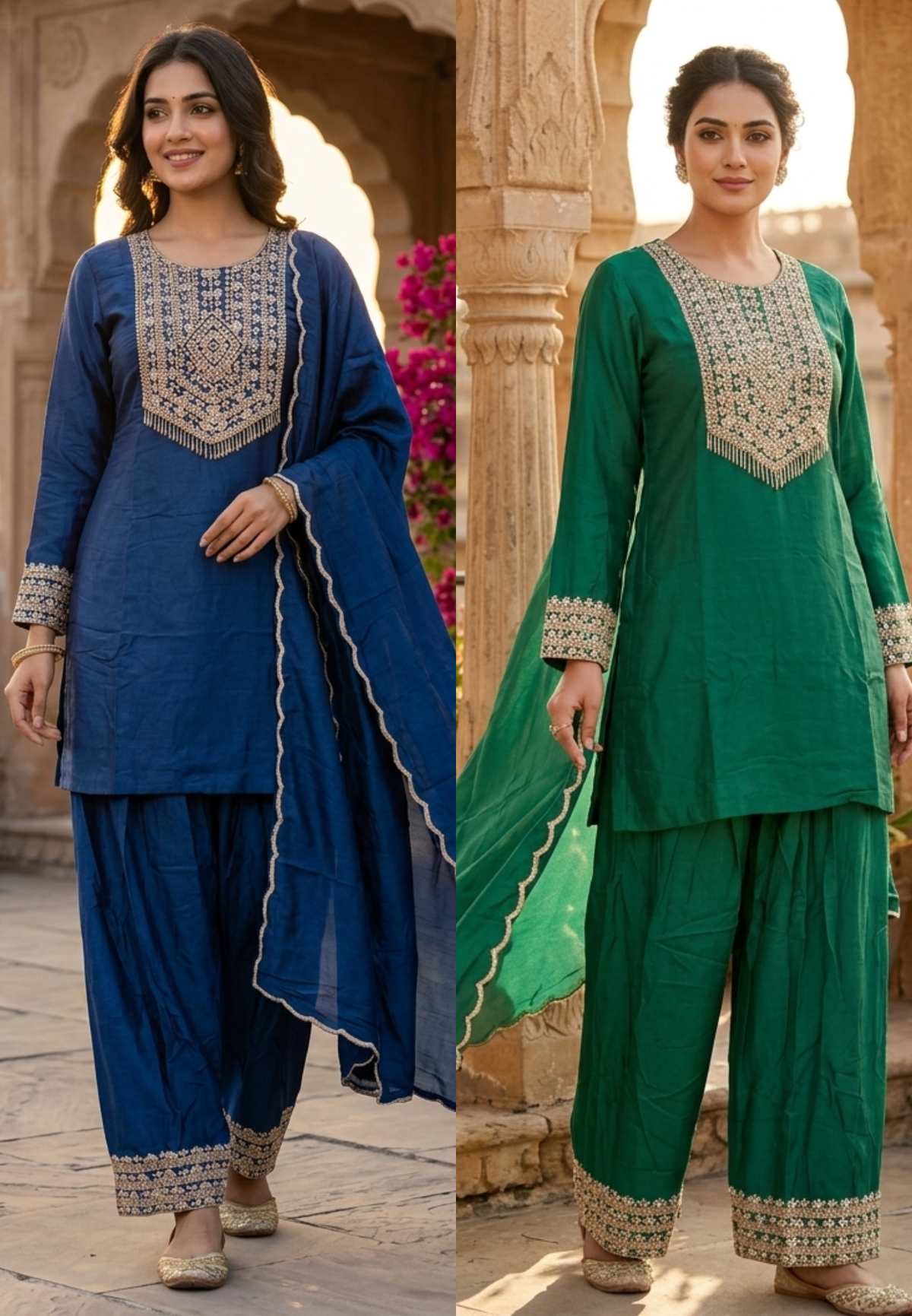 Pittan Work Hand-Embroidered Beaded Fringe Yoke Short Kurta With Farshi Bottom & Matching Dupatta- 16624
