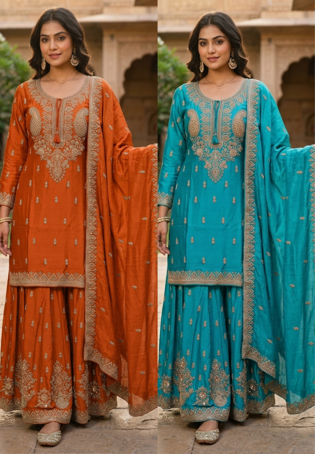 Paisley Kalka Motif Zardozi Festive Elegance Hand-Embroidered Short Length Chinon Kurta With Matching Flared Bottom & Dupatta- 16618
