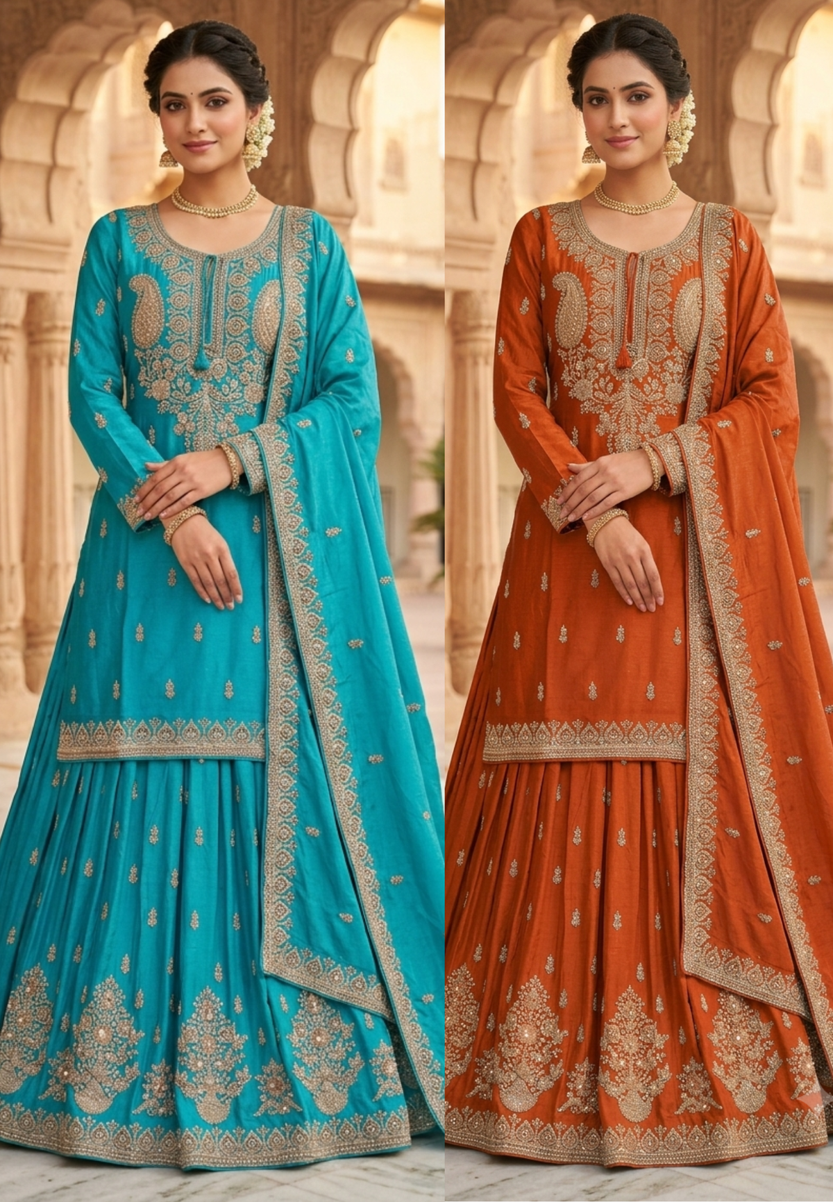Paisley Kalka Motif Zardozi Festive Elegance Hand-Embroidered Short Length Chinon Kurta With Matching Flared Skirt Bottom & Dupatta- 16618