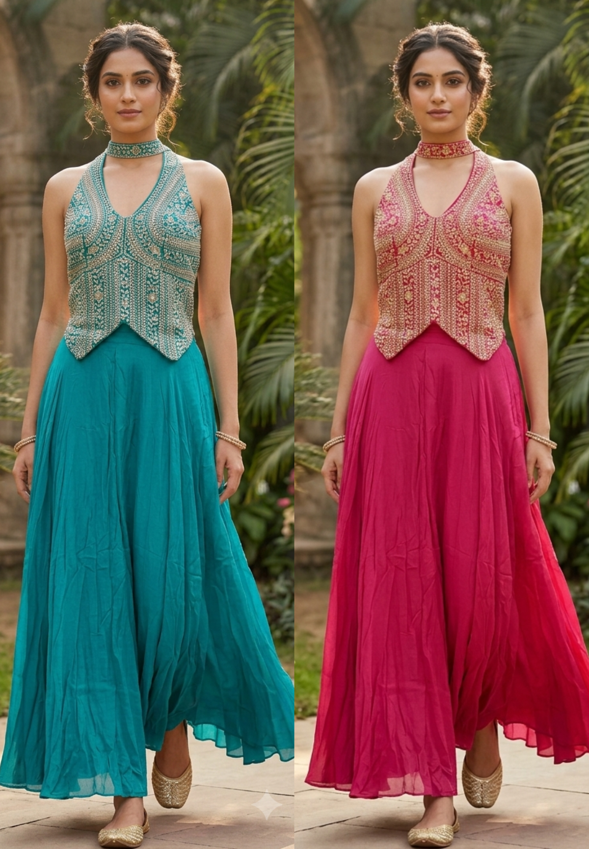 Sequin & Cut-Dana Handwork Encrusted Halter Neck Crop Top with Flowy Chinon Flared Skirt Bottom & Chowker Dupatta- 16622