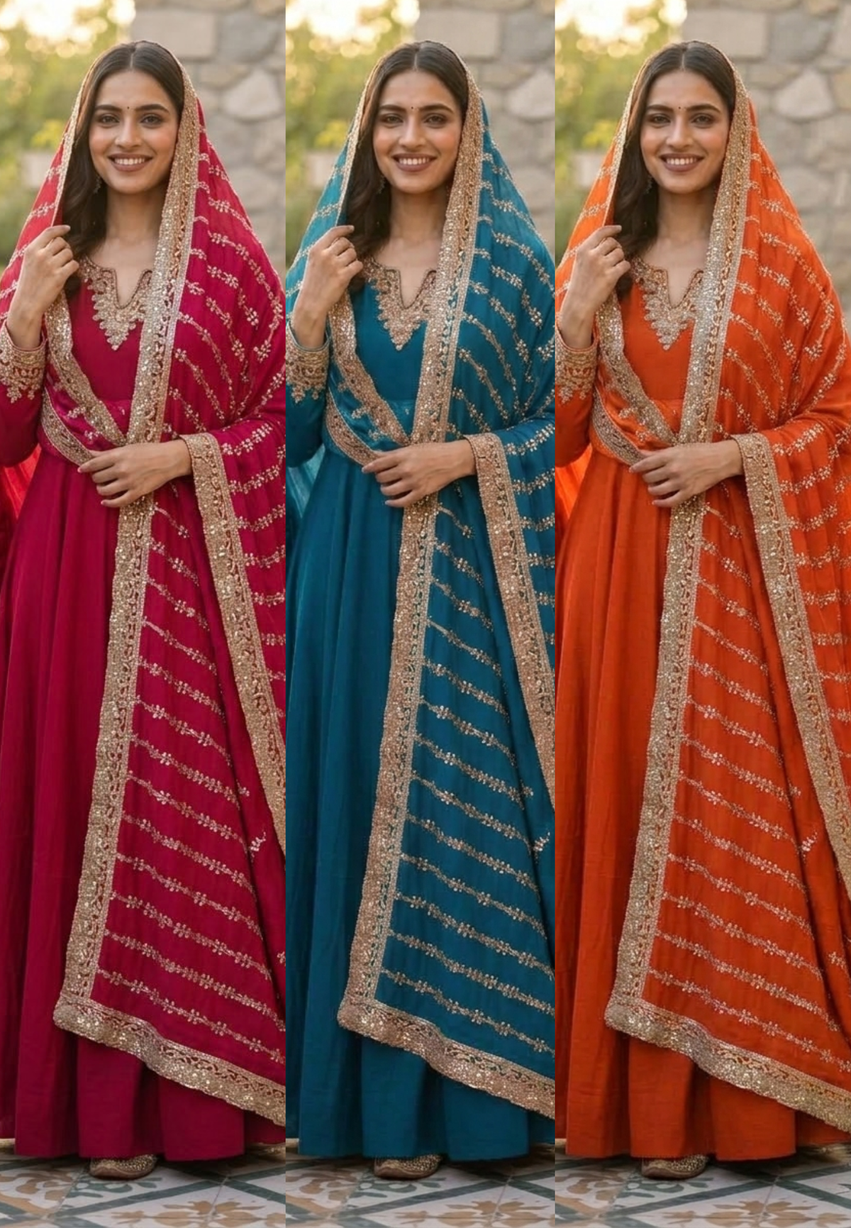 Vibrant Red Georgette Anarkali Full Suit Set with Zardozi Embroidered Neckline & Heavy Hand-Embellished Border Dupatta- 16629