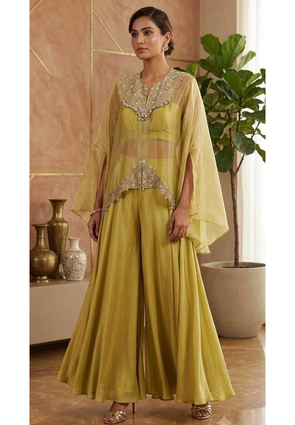 Shimmer Tissue Grace Heavy Hand Embroidery Cape With Padded Bustier & Palazzo Bottom- 16515