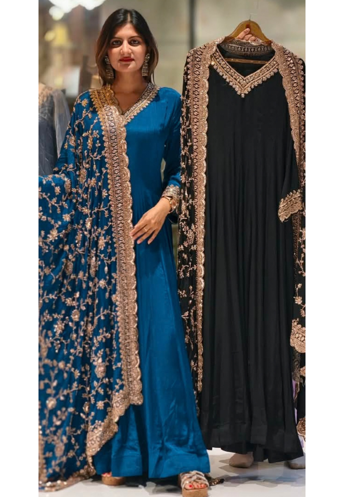 Premium Chinon Floral Sequin Scalloped Bordered Heavy Flared Anarkali Suit With Matching Dupatta- 16623