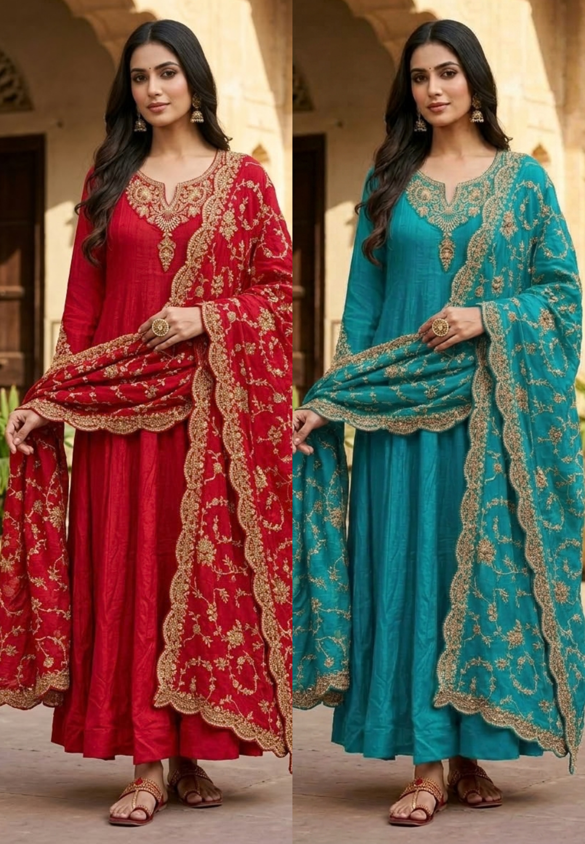 Traditional Gold Metallic Hand Embellished Chinon Panel Anarkali Suit With Dense Scalloped Cutwork Dupatta- 16617