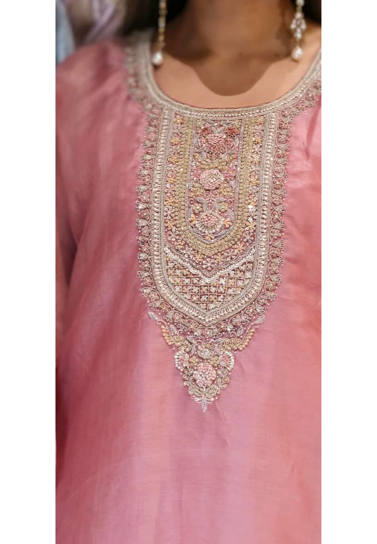 Pure Tissue Butter Shine Dabka Hand Embroidery Yoke Kaftan With Matching Bottom- 16621