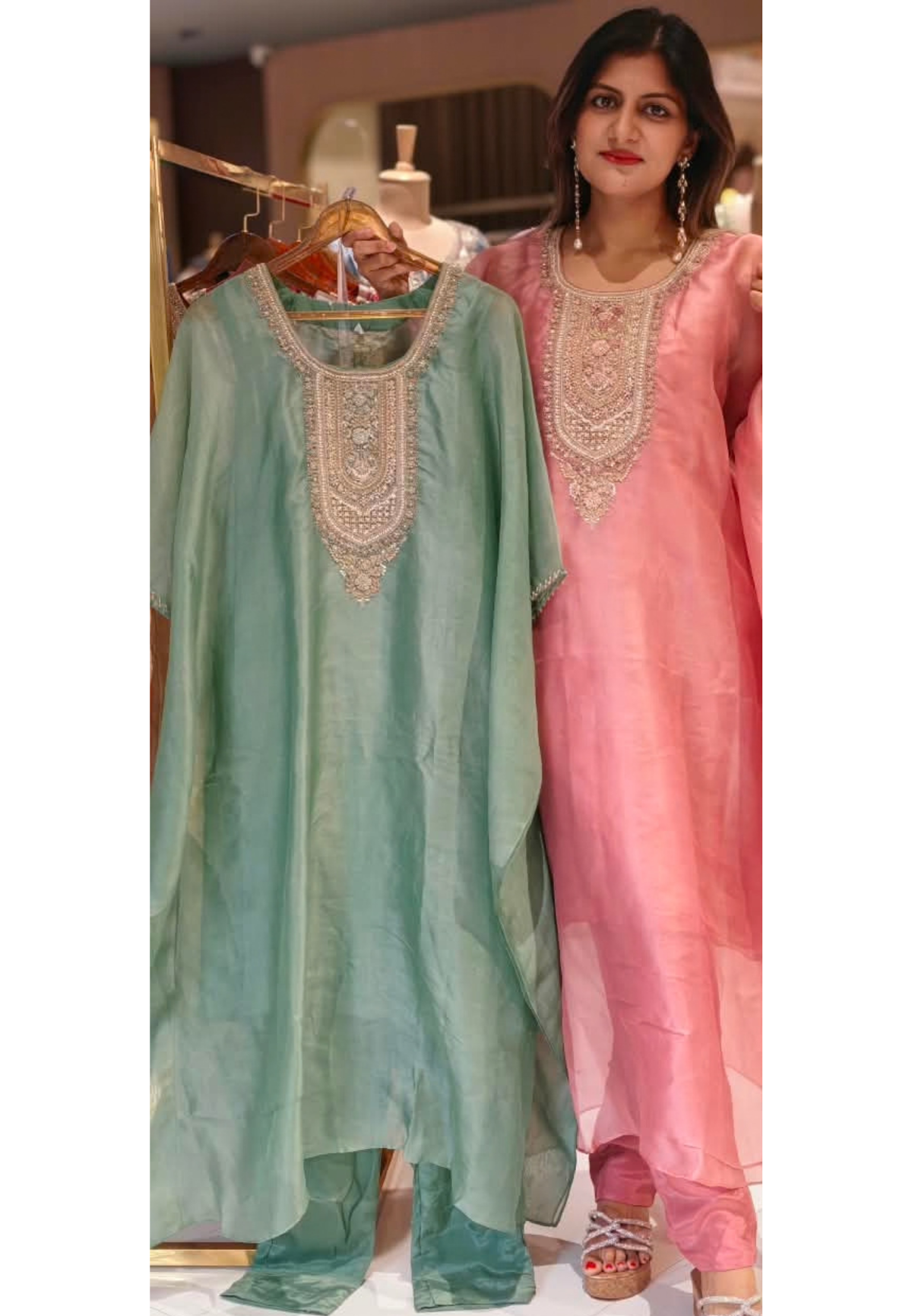 Pure Tissue Butter Shine Dabka Hand Embroidery Yoke Kaftan With Matching Bottom- 16621