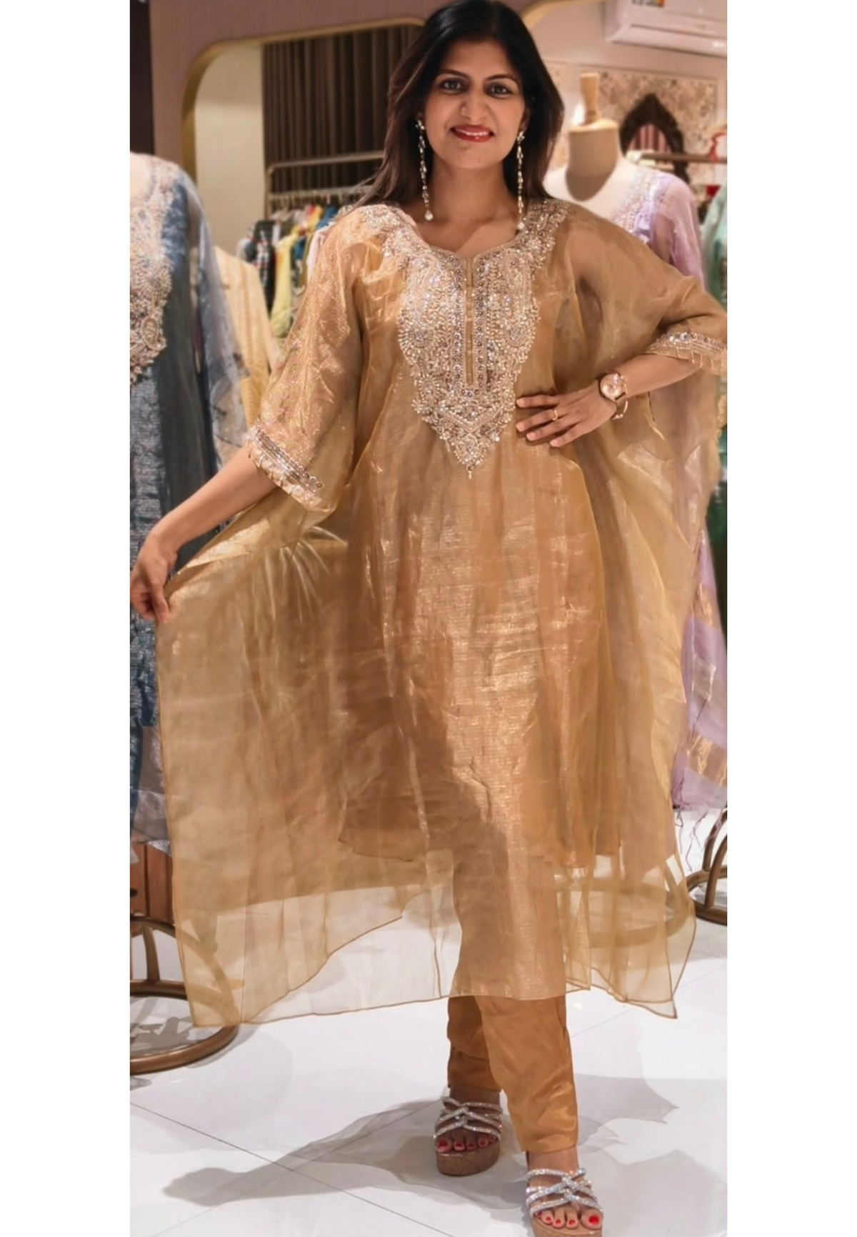 Delicate Floral Teardrop Intricate Hand Embroidery Pure Tissue Checks Touch Kaftan With Matching Bottom- 16634