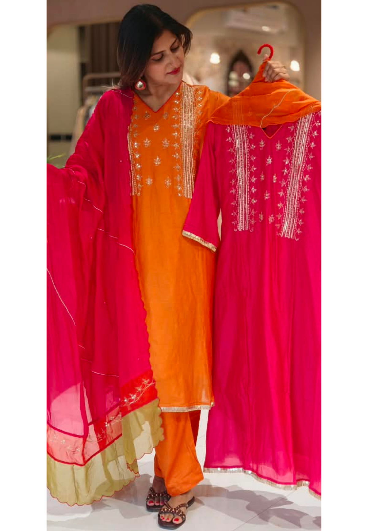Delicate Sequin Embroidery Touch Vibrant Multi Color A-Line Mul-Chanderi Full Suit Set With Dupatta- 16639
