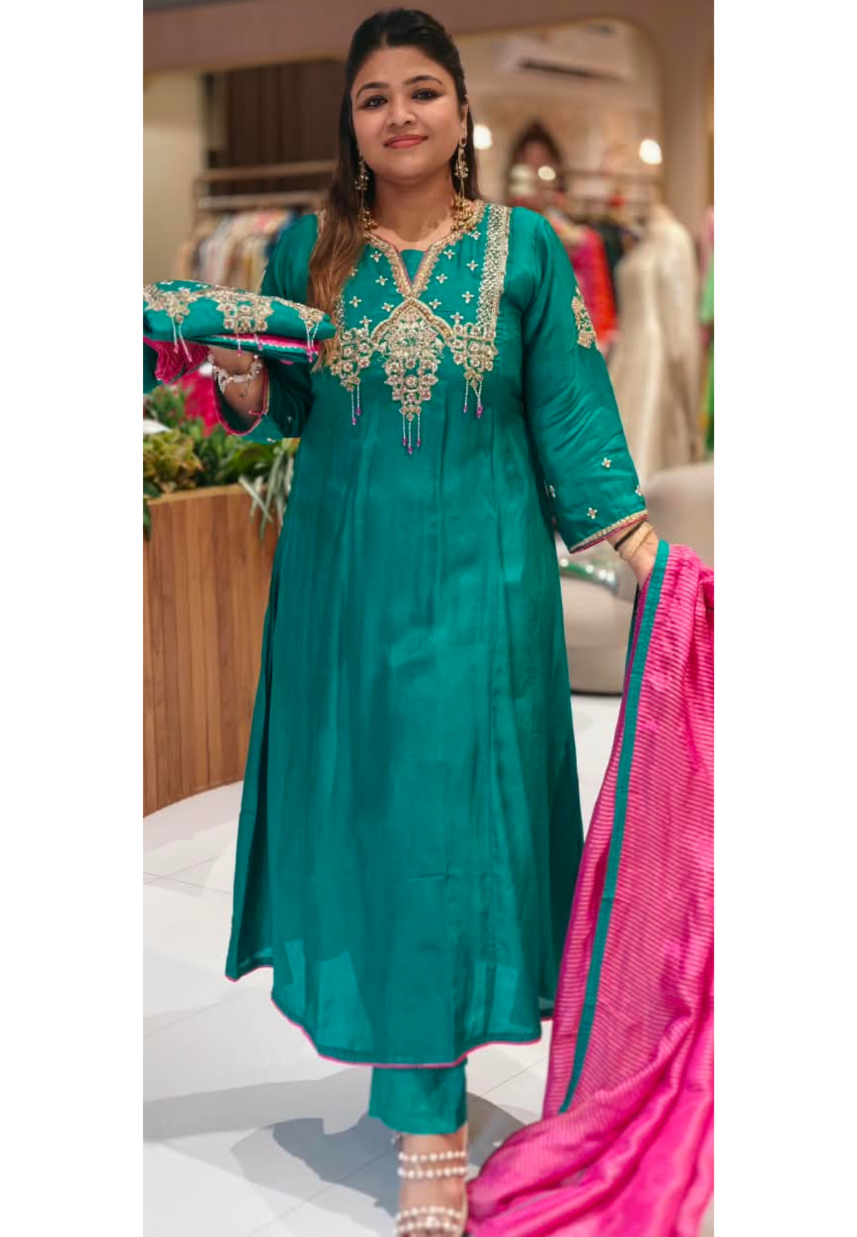 Very Elegant Chevron Tasseled Jewel Look Embroidery Work Russian Silk Panel Anarkali Full Suit Set With Dupatta- 16584