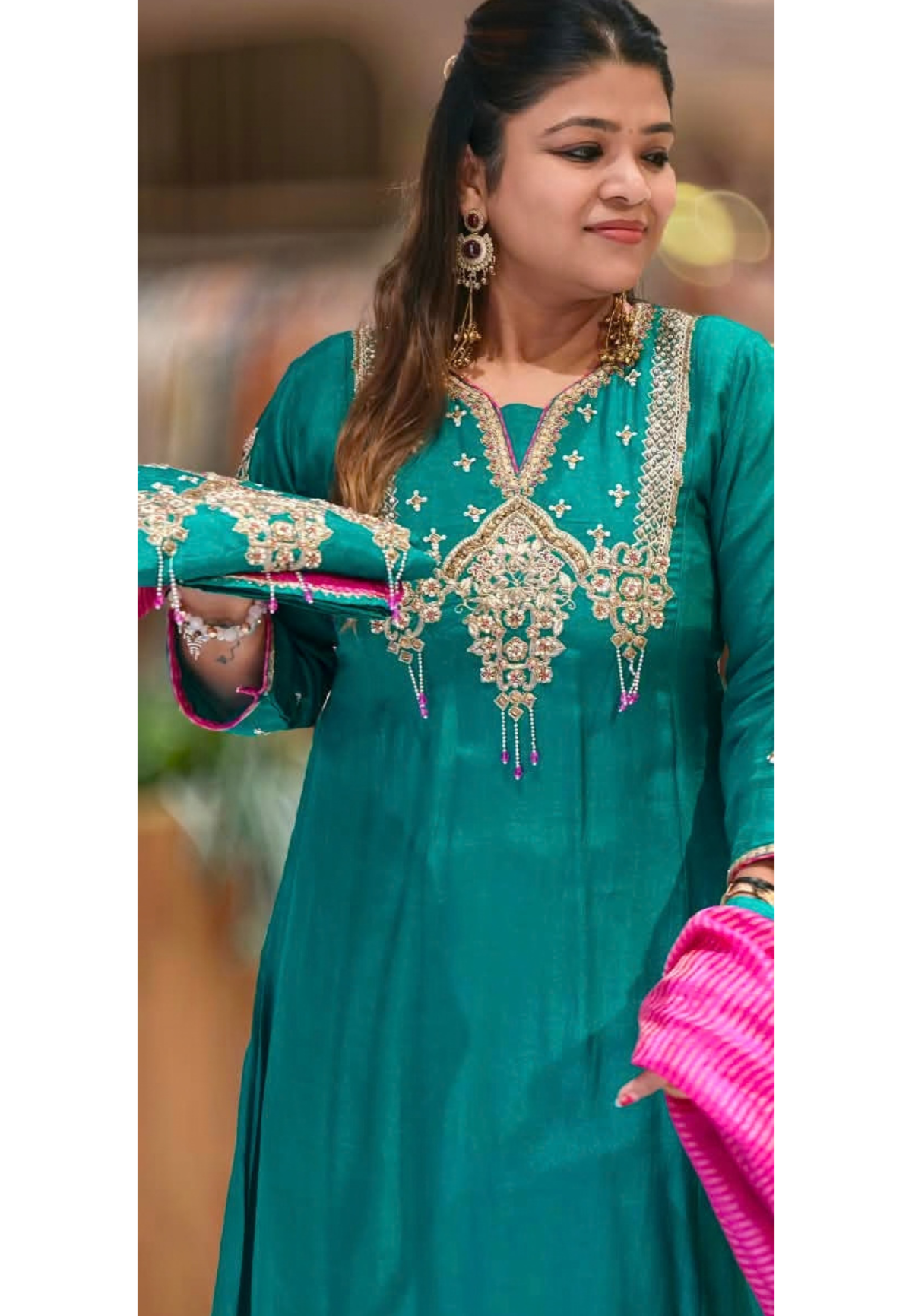 Very Elegant Chevron Tasseled Jewel Look Embroidery Work Russian Silk Panel Anarkali Full Suit Set With Dupatta- 16584