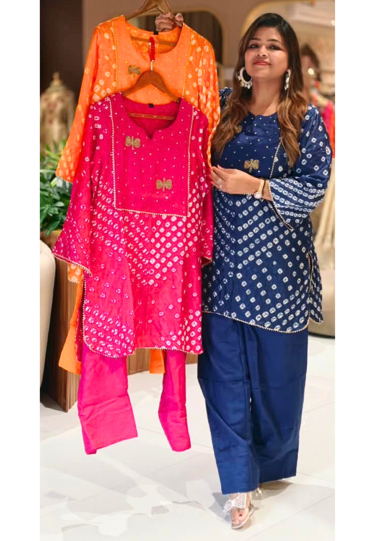 Festive Elegance Bandhej Print Cut-Dana Highlights Vibrant Muslin Kurta With Farsi Bottom Set- 16679