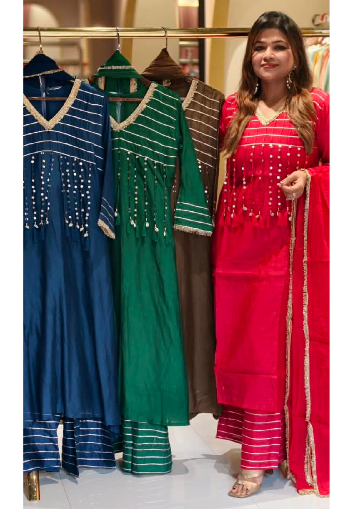 Pure Mulchanderi A-line Full Suit Set with Gota Patti Stripes & Tassel Detailing Front Design- 16660